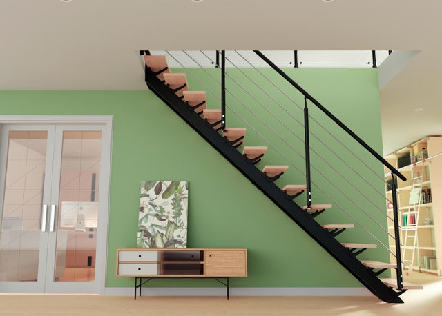 Escalier droit revers acier noir Escatwin 13 marches hêtre verni, l.95 cm
