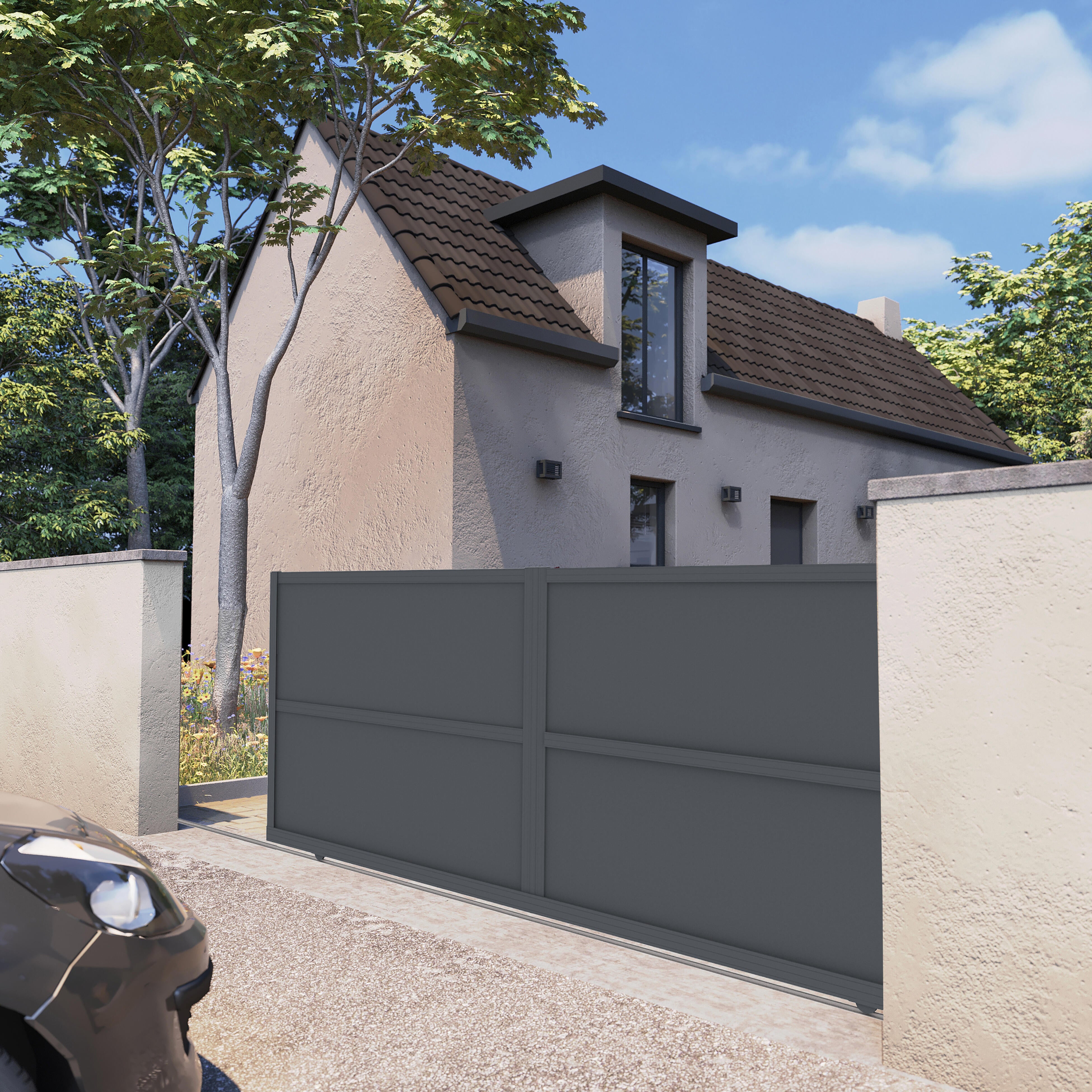 Portail coulissant à motoriser, aluminium gris, panneau lisse — free download