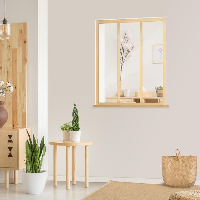 Verrière Atelier fixe 3 carreaux en bois brut, H.108.9 x l.91.32 cm