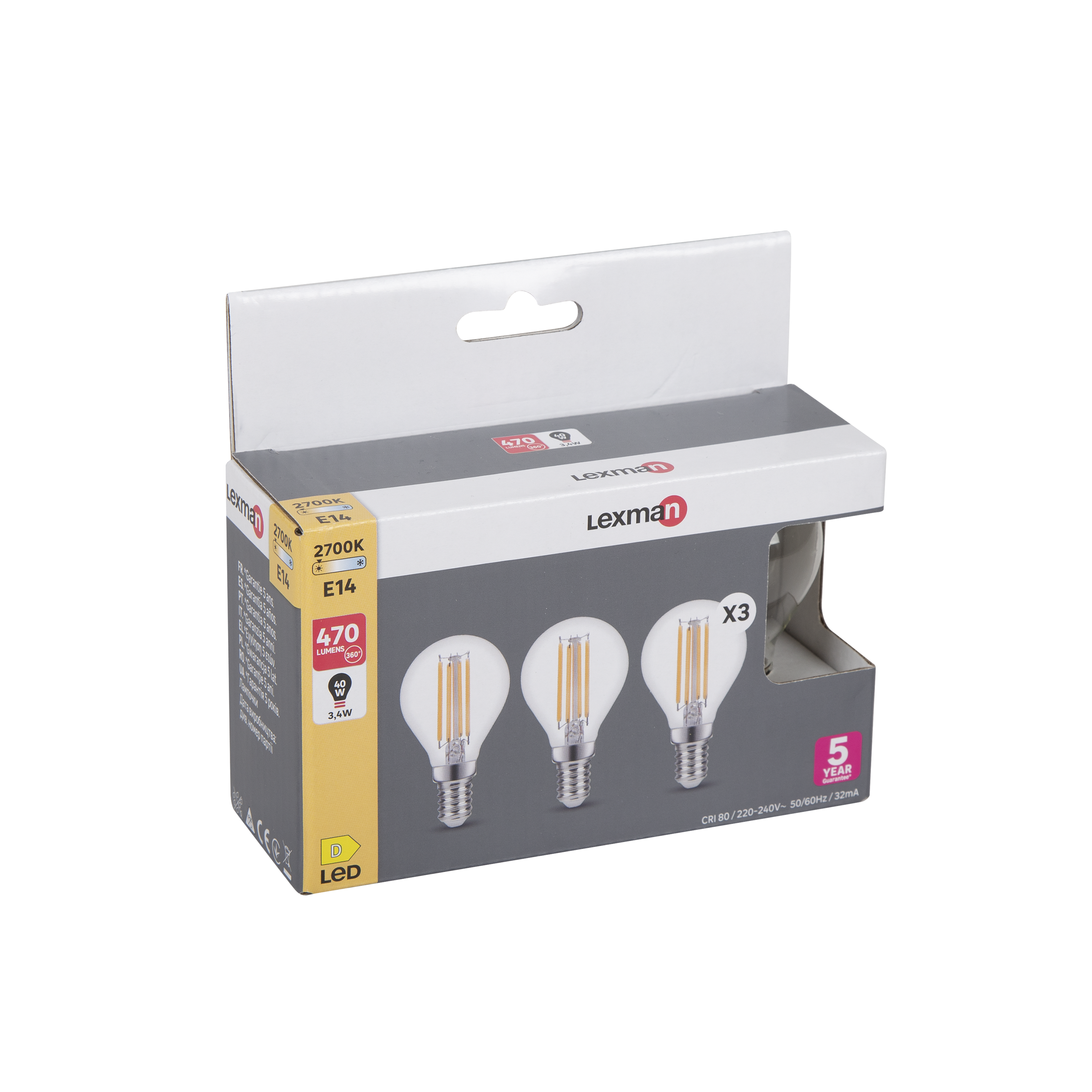 Lot de 3 ampoules led à filament sphérique E14, 470Lm = 40W, blanc chaud, LEXMA - 4