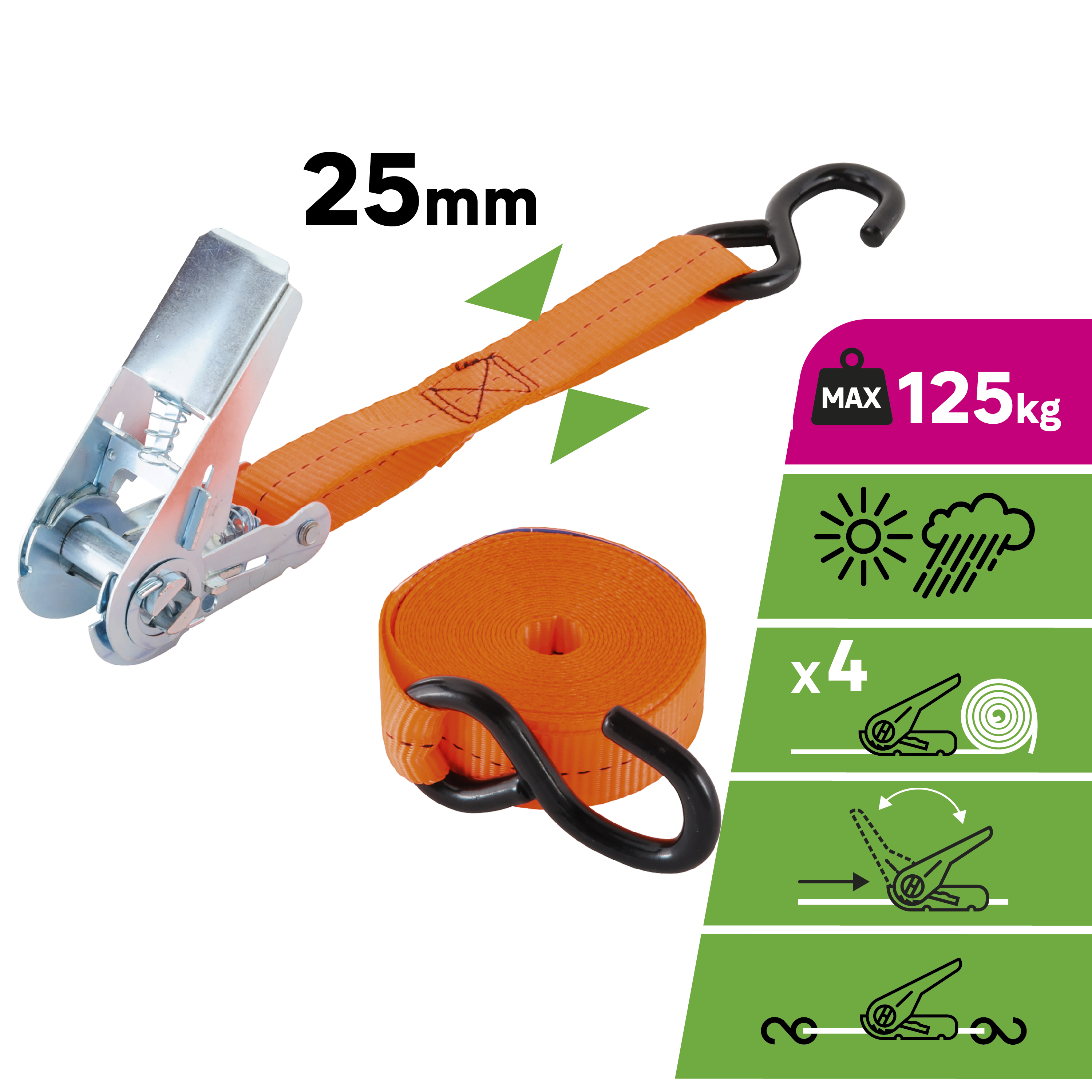 4 Cintas roquete STANDERS COM GANCHO 25MMX450CM 250KG - 6