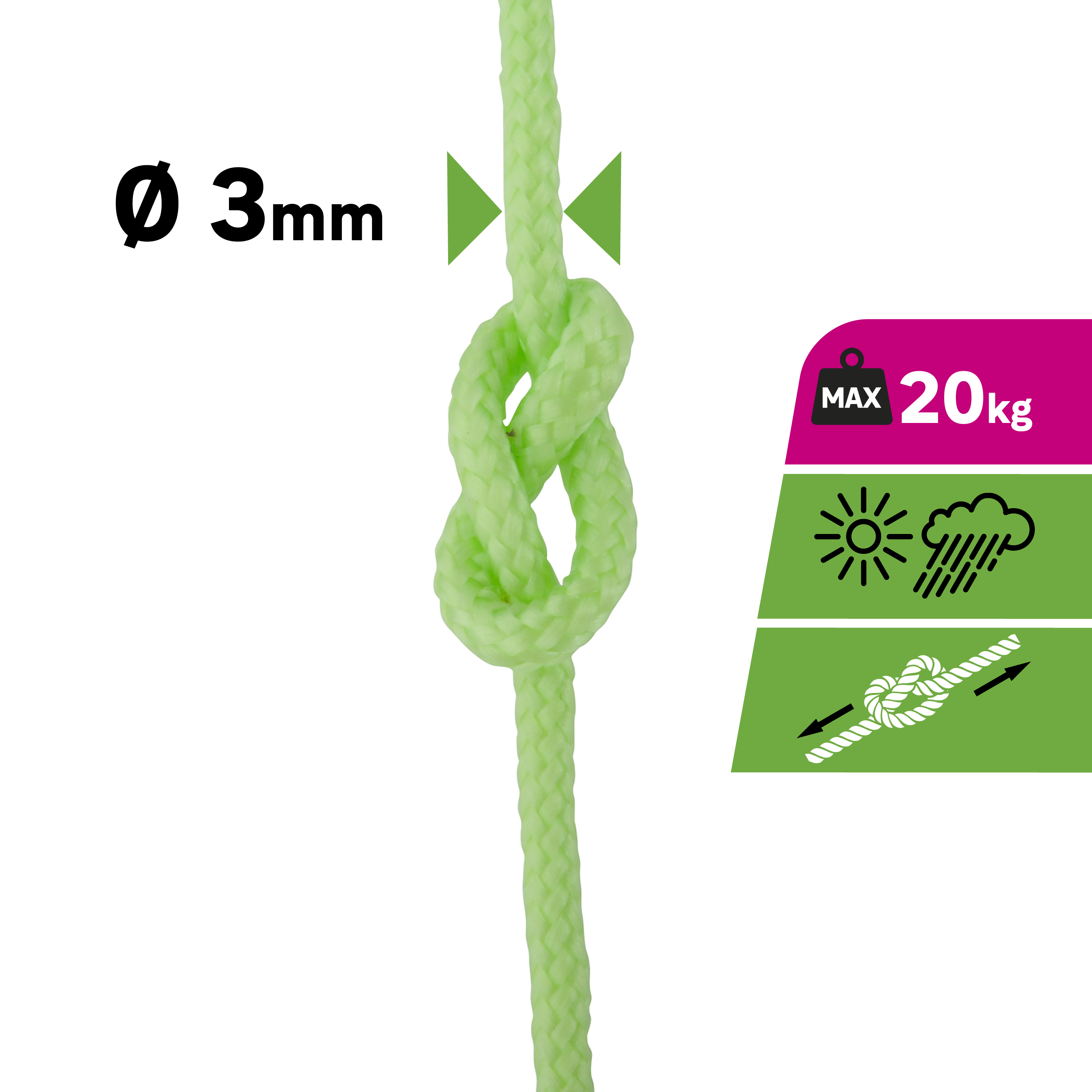 Lina PP 80 kg 3 mm x 20 m pleciona zielona fosfor - 5