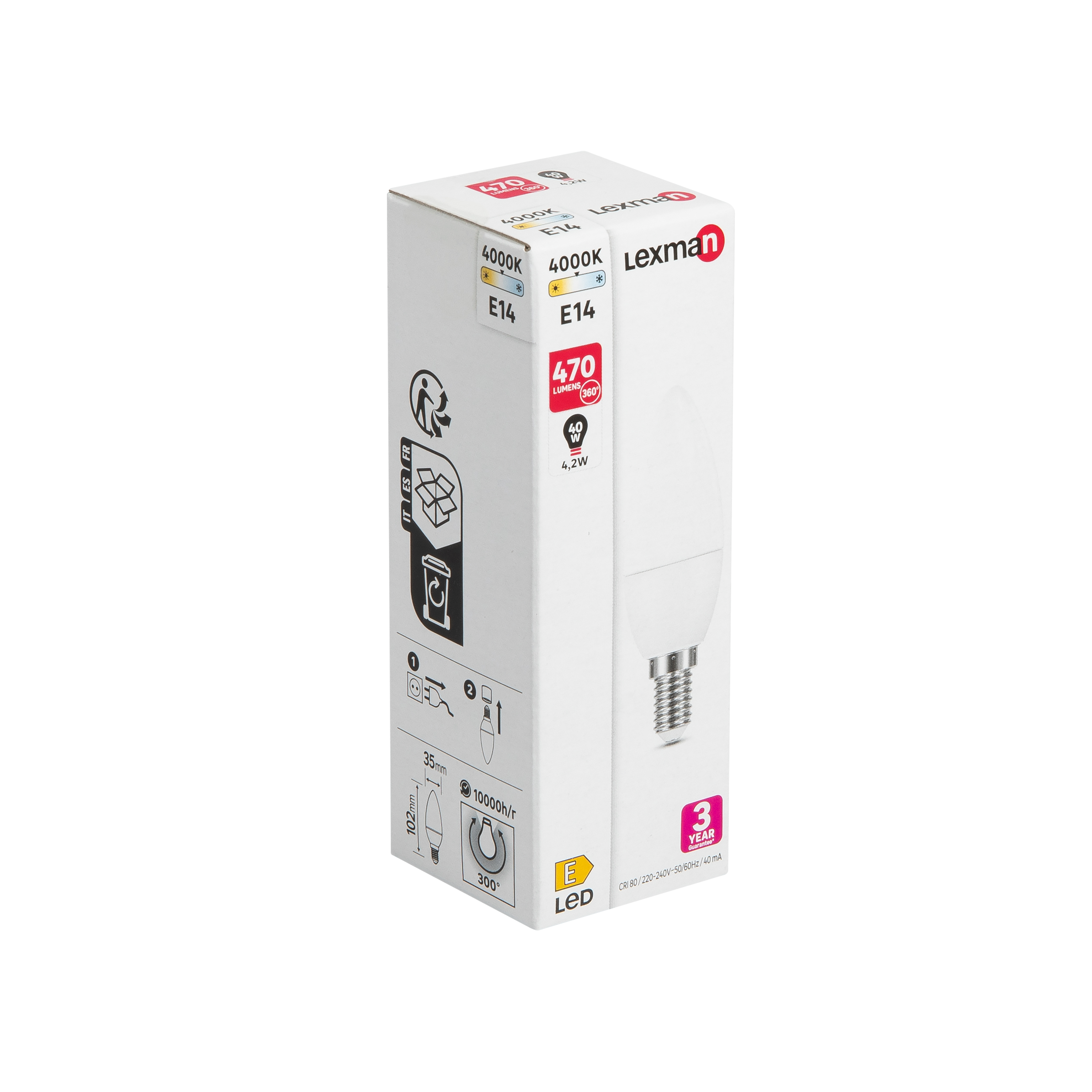 Ampoule led plastique, flamme, E14, 470Lm = 40W, blanc neutre, LEXMAN - 4