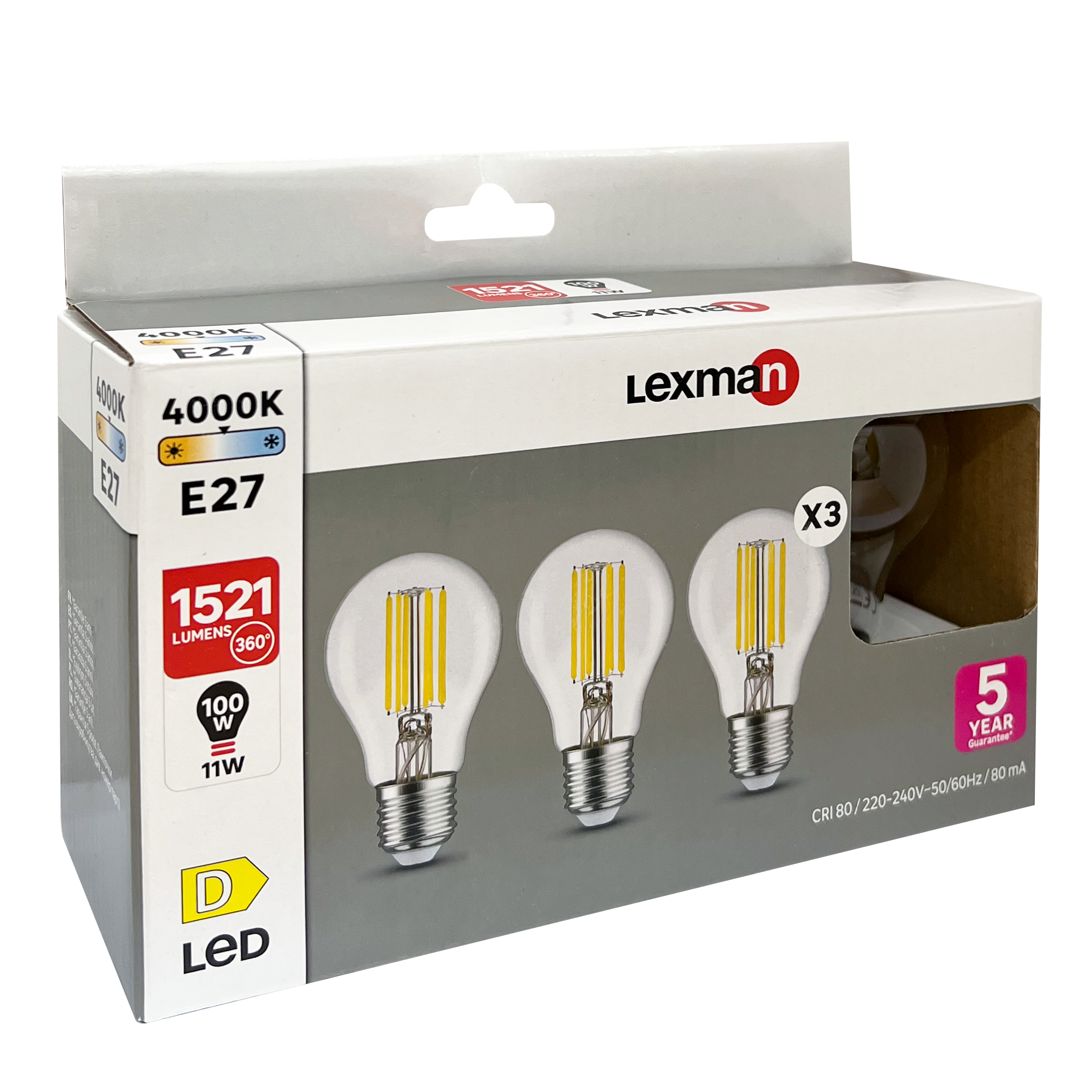 Set da 3 lampadine LED, E27 goccia, trasparente, 11W = 1521 LM (equiv 100 W), 320°, LEXMAN - 3