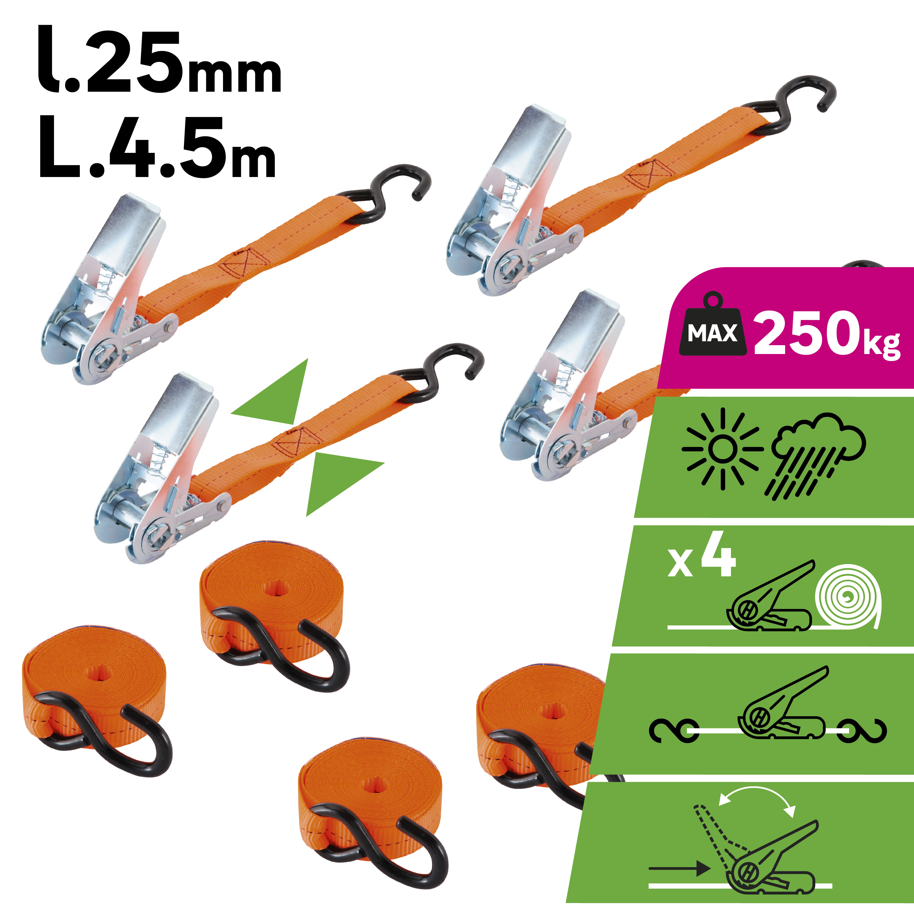 4 correa de sujeción con tensor de carraca y gancho de 4.5 m y carga máx. 250 kg - 3