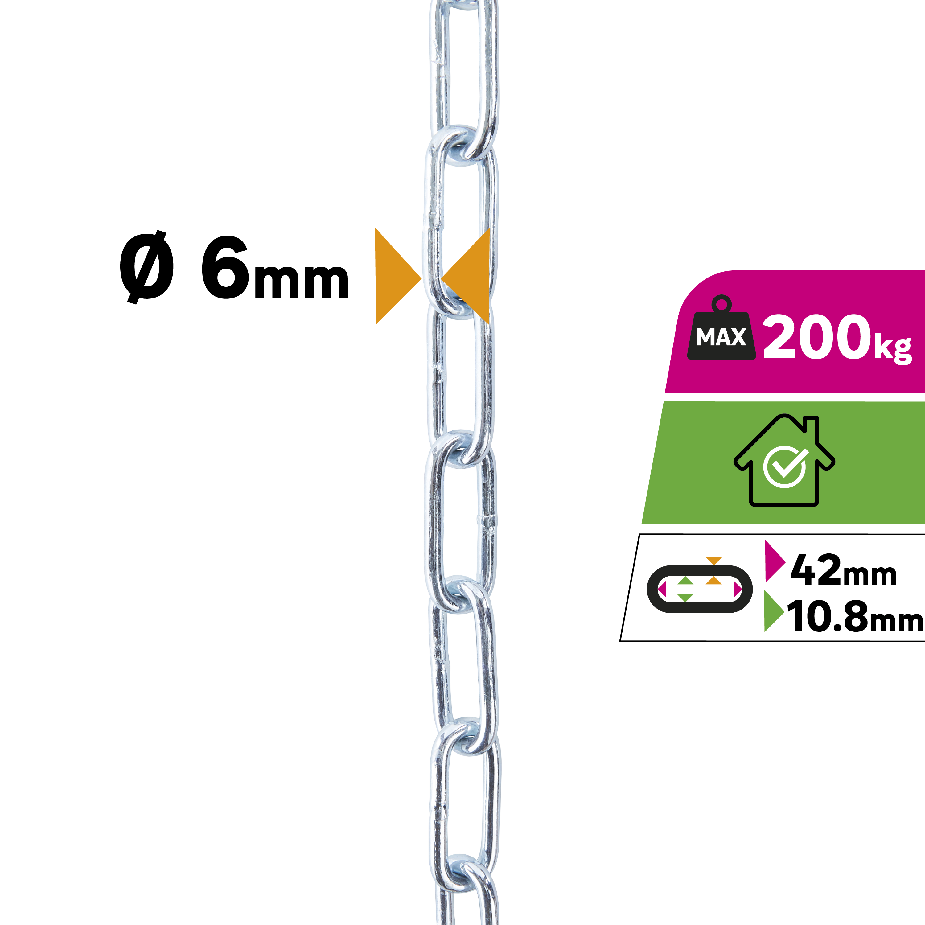 Corrente de aço ZINCADO STANDERS ELO LARGO 6MM 2.5M - 2