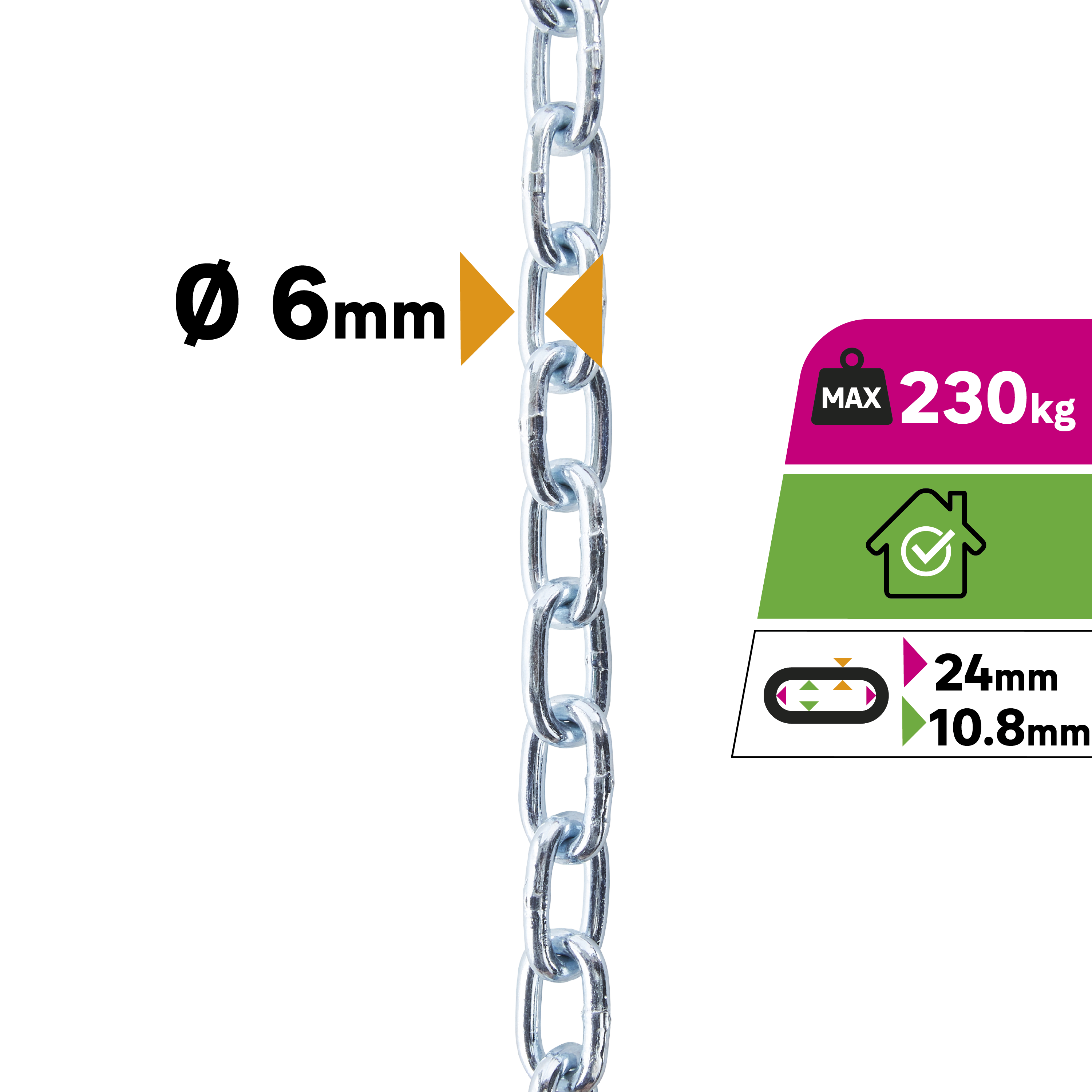 Cadena recta eslabon corto de acero zincado  2.5 m 6mm - 2