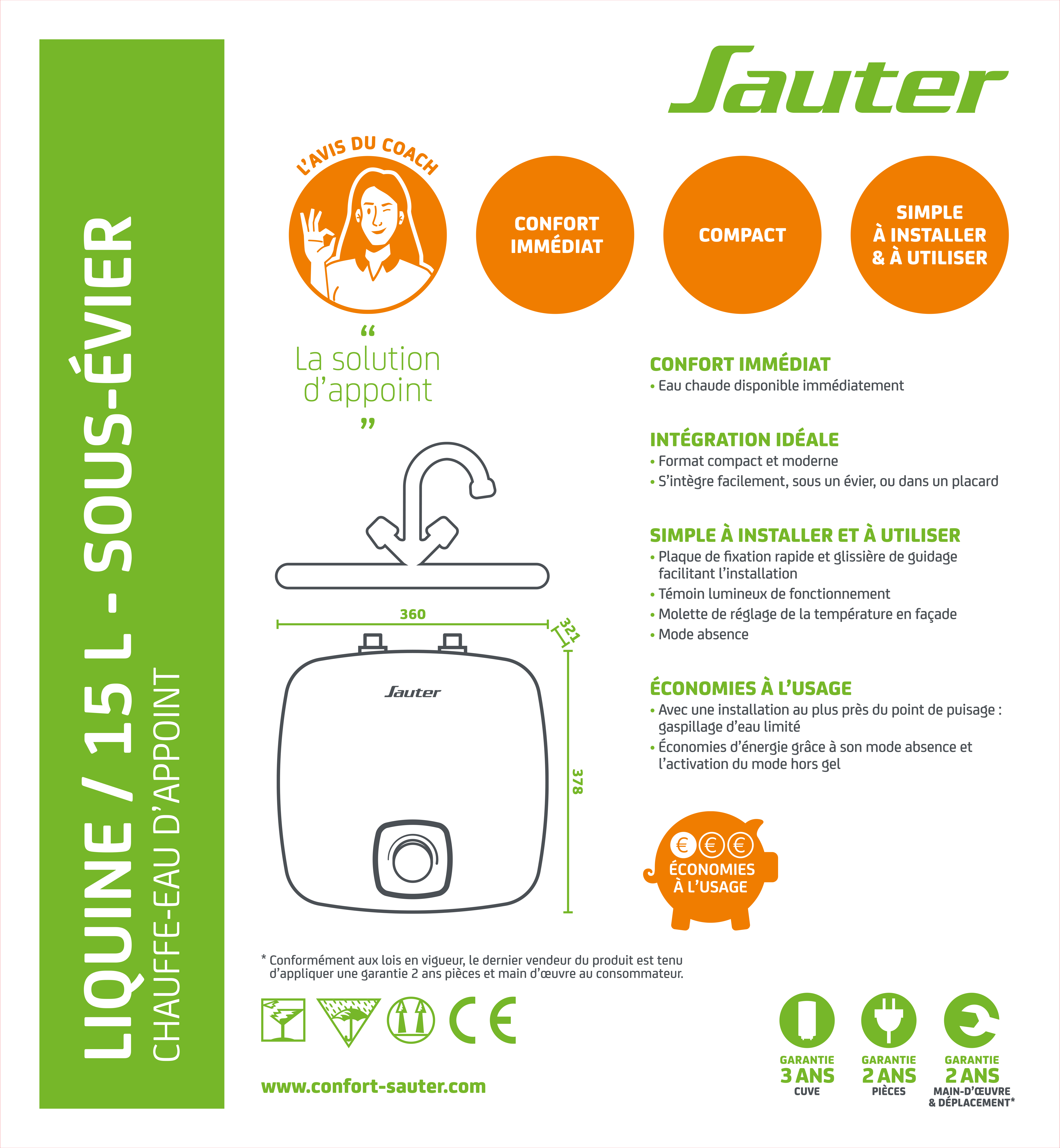 Chauffe-eau électrique sous évier SAUTER Liquine, 15 l - 7