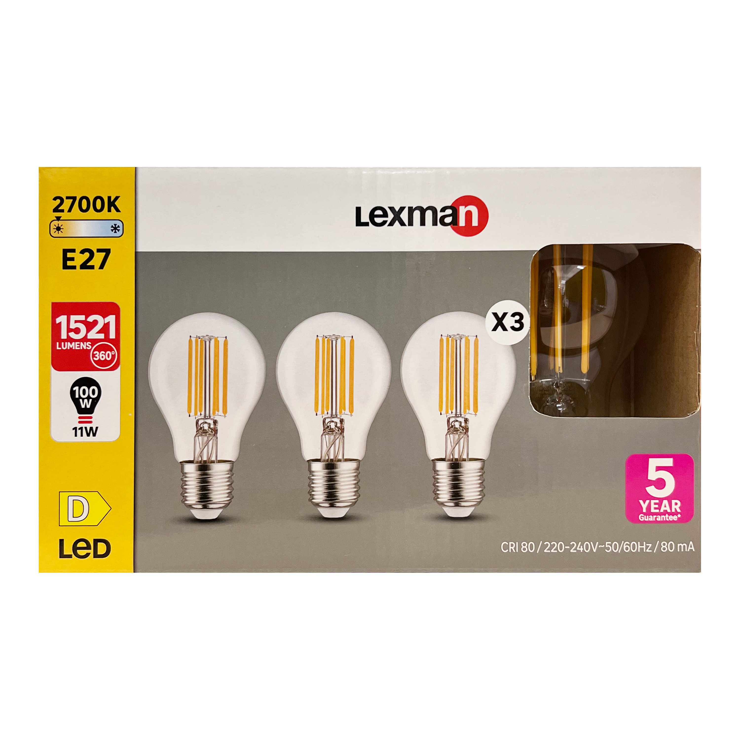 Set da 3 lampadine LED, E27 goccia, trasparente, 11W = 1521 LM (equiv 100 W), 320°, LEXMAN - 3