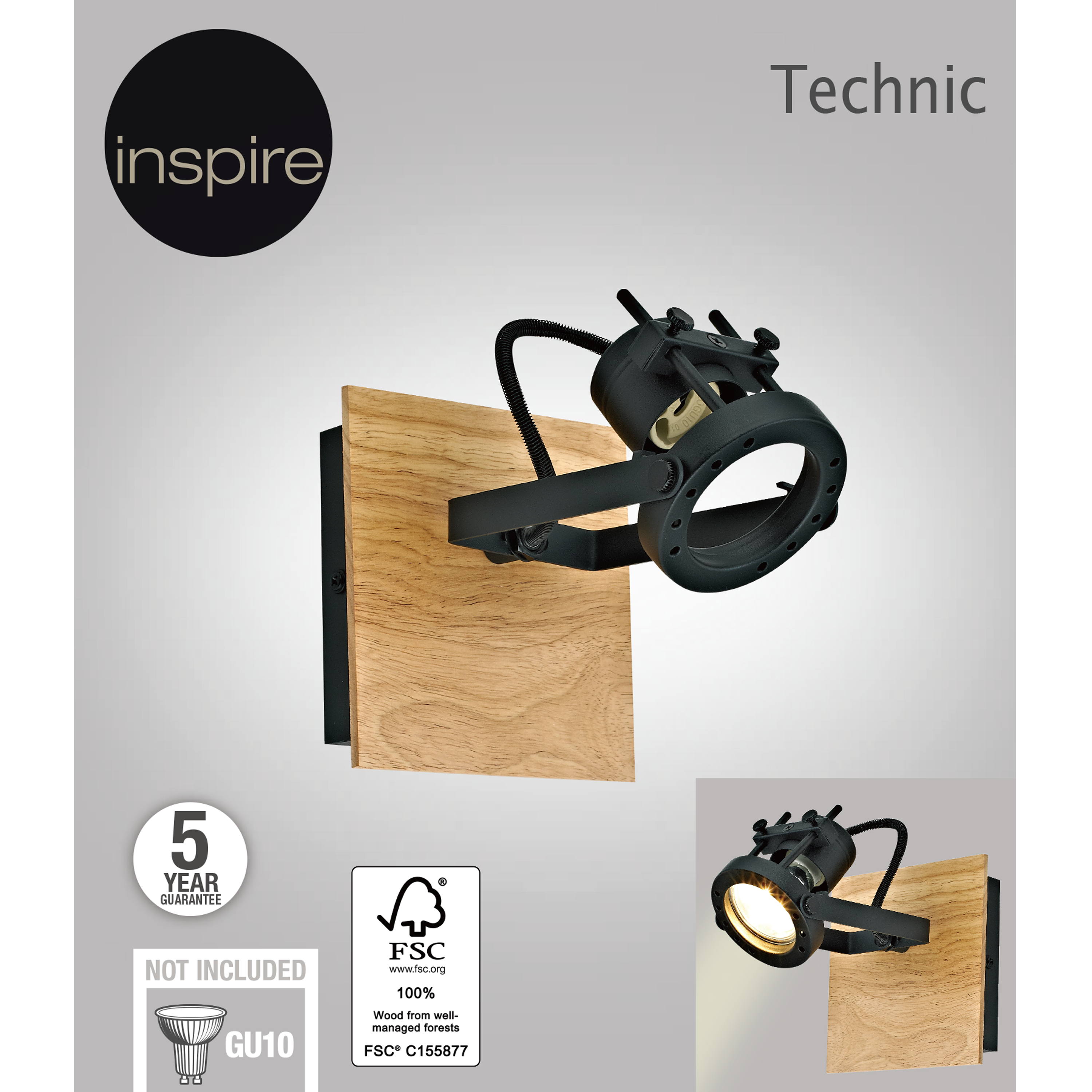 Foco decorativo INSPIRE technic gu10x1 metal preto e madeira - 10