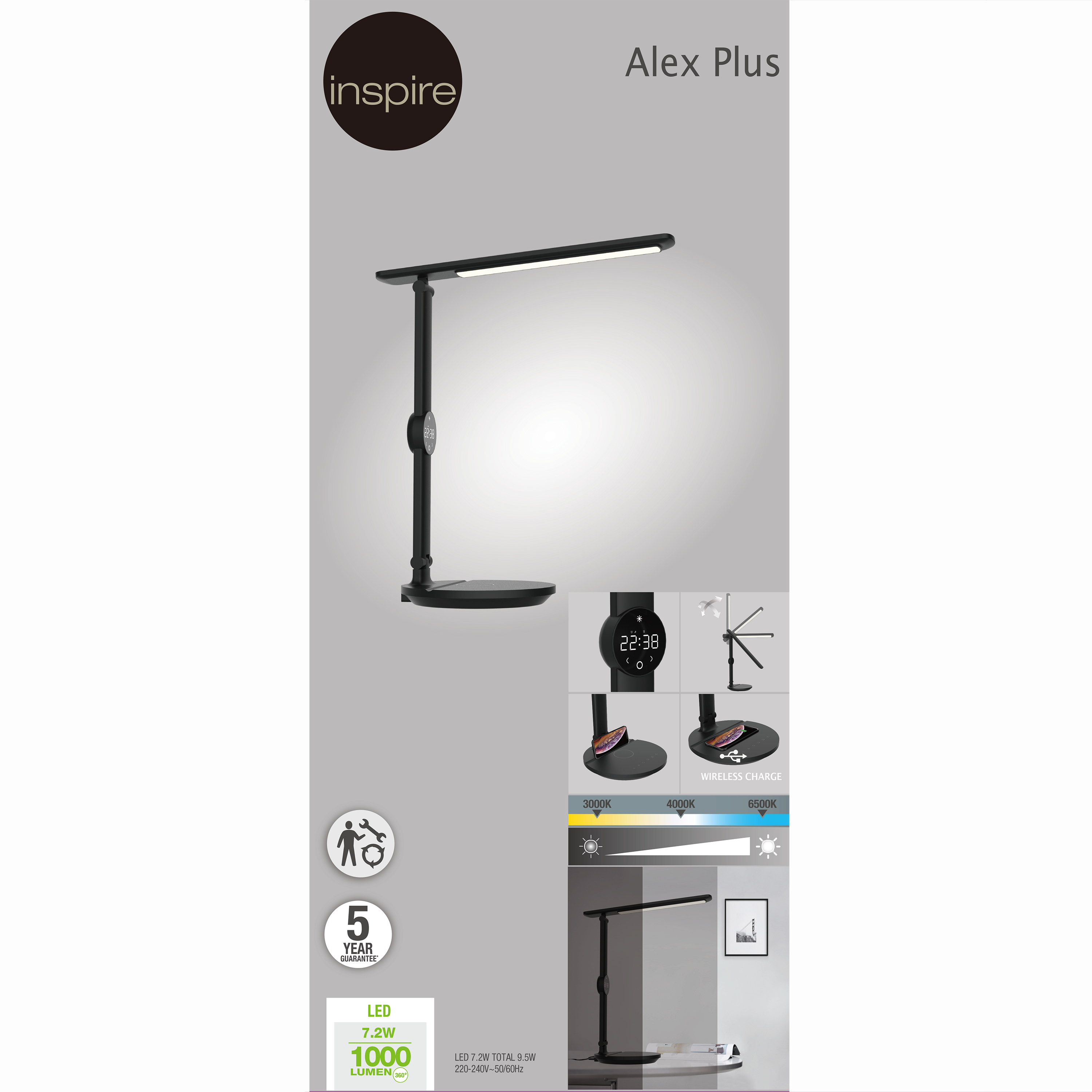 Lampe de bureau Alex plus tactile, fer, noir, H.35 cm, INSPIRELED - 11