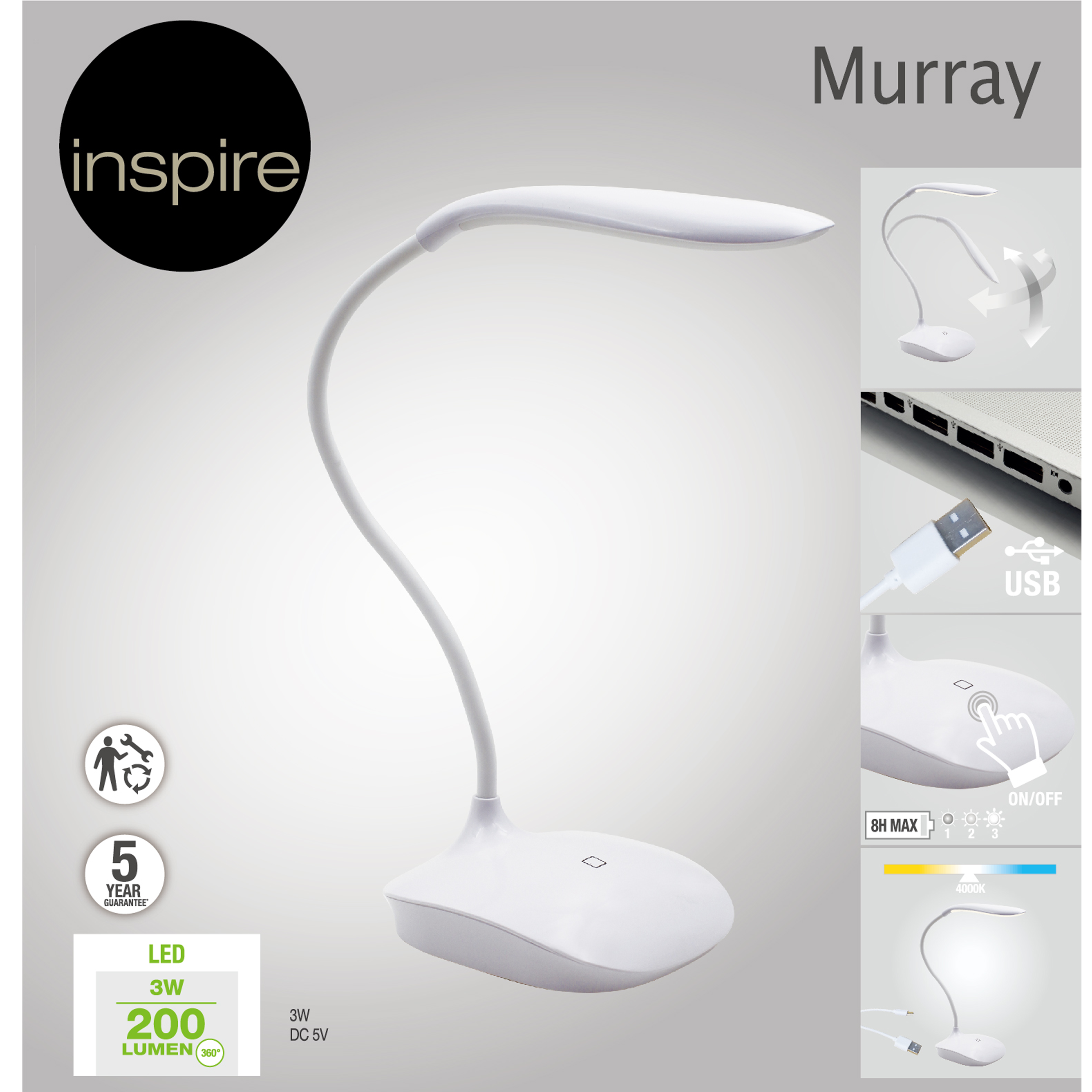 Lampada da scrivania LED moderno Murray bianco, luce naturale 200 LUMEN, INSPIRE - 2
