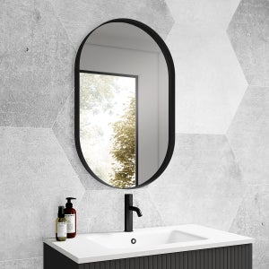 Funerom Specchio Ovale Da Parete, Nero, 50,8x40,6 Cm, Con Cornice Decorata A Perline, Per Bagno E Camera Da Letto, Montaggio Orizzontale/Verticale