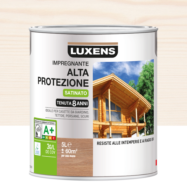 Impregnante per legno da esterno a base acqua LUXENS Alta Protezione bianco 5 lt, 8 anni di protezione.