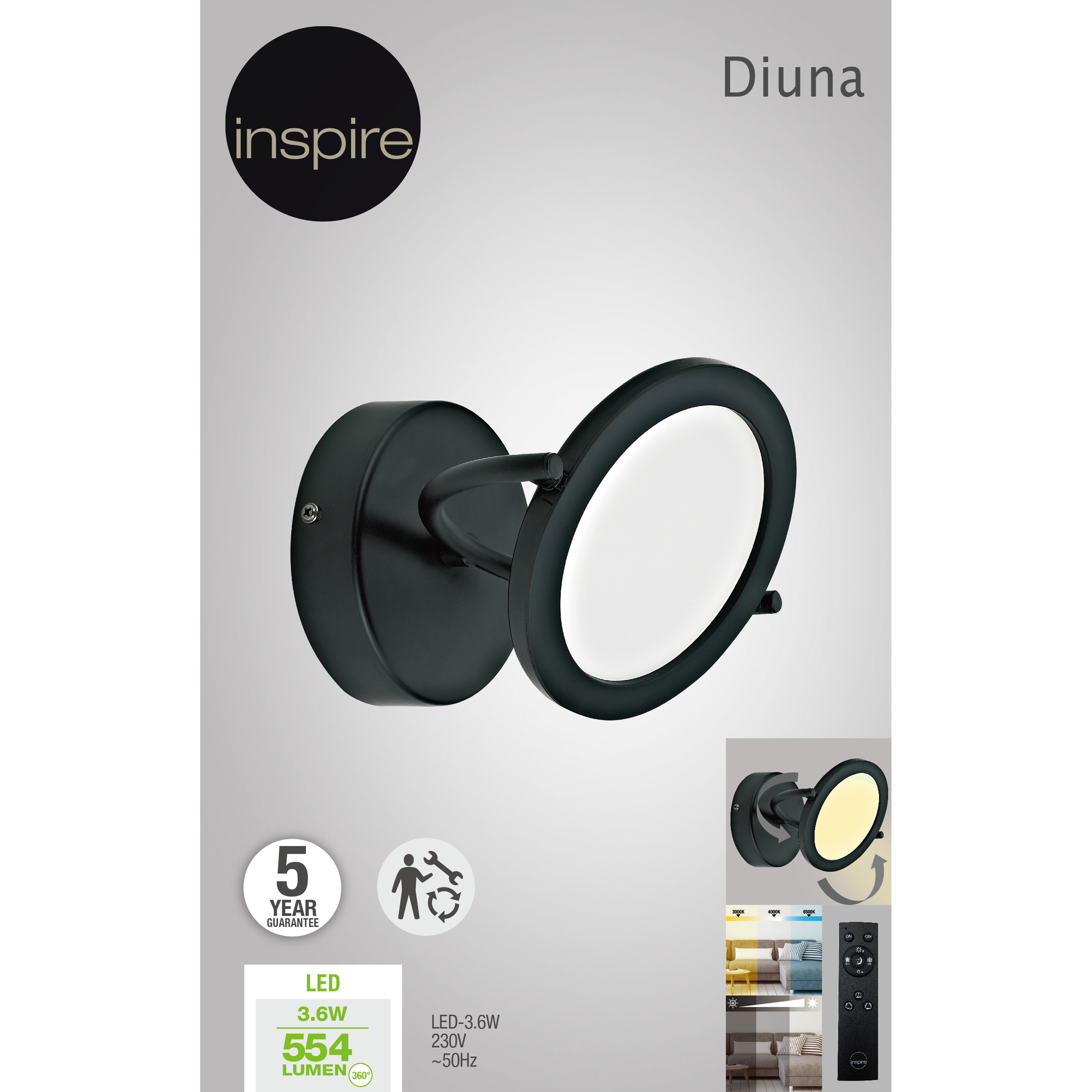 Foco decorativo com lâmpada Diuna Inspire LED 554lm 1 luz pintado preto - 11