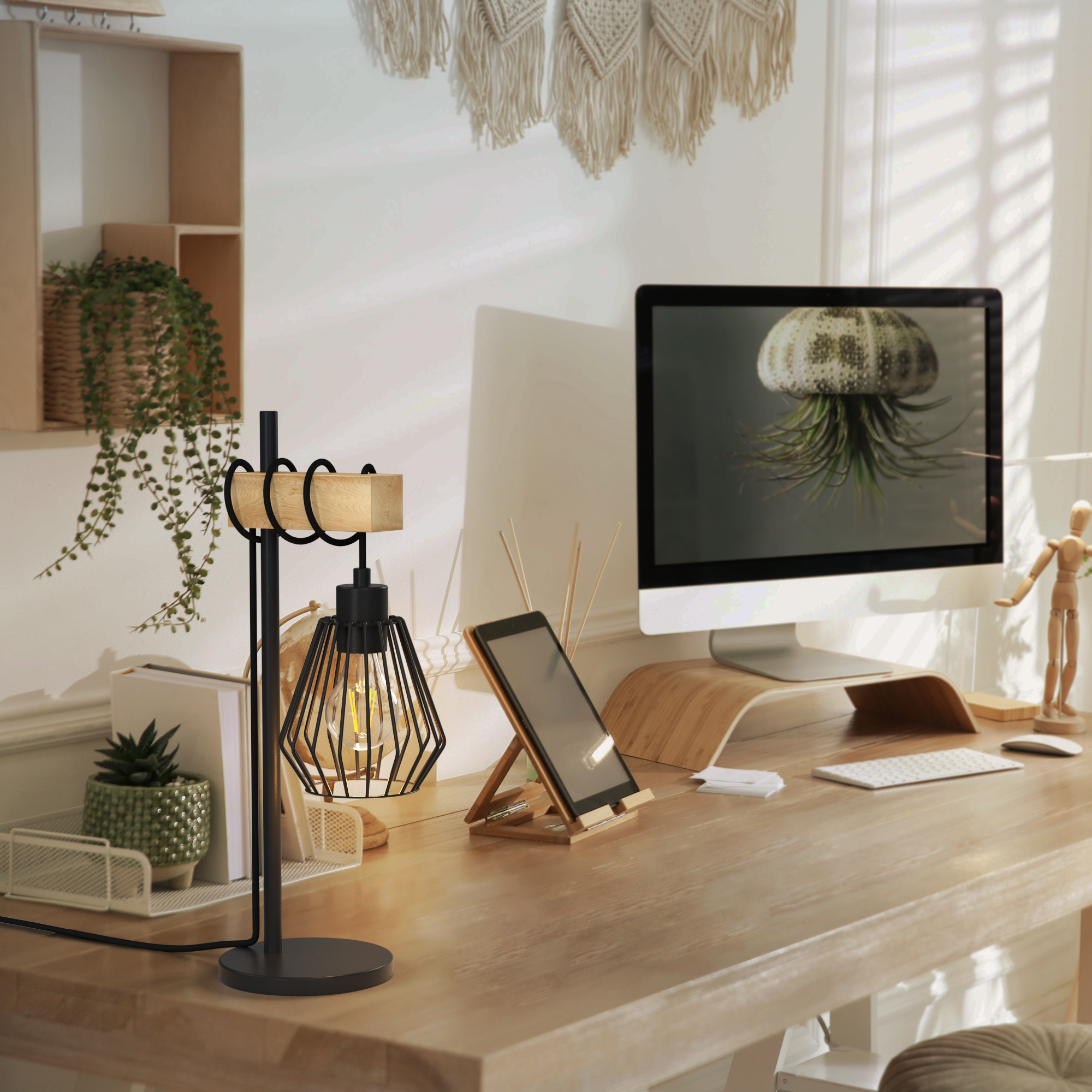 Candeeiro de mesa TABODI E27 METAL MATE PRETO/MADEIRA NATURAL - 32