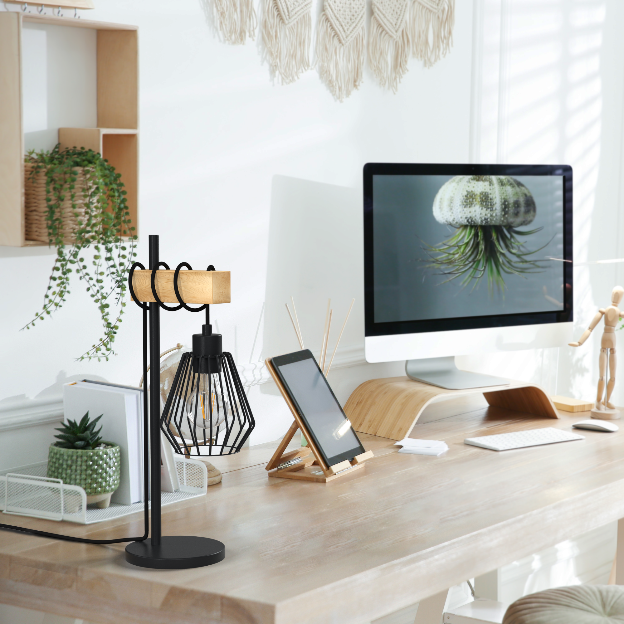 Candeeiro de mesa TABODI E27 METAL MATE PRETO/MADEIRA NATURAL - 31