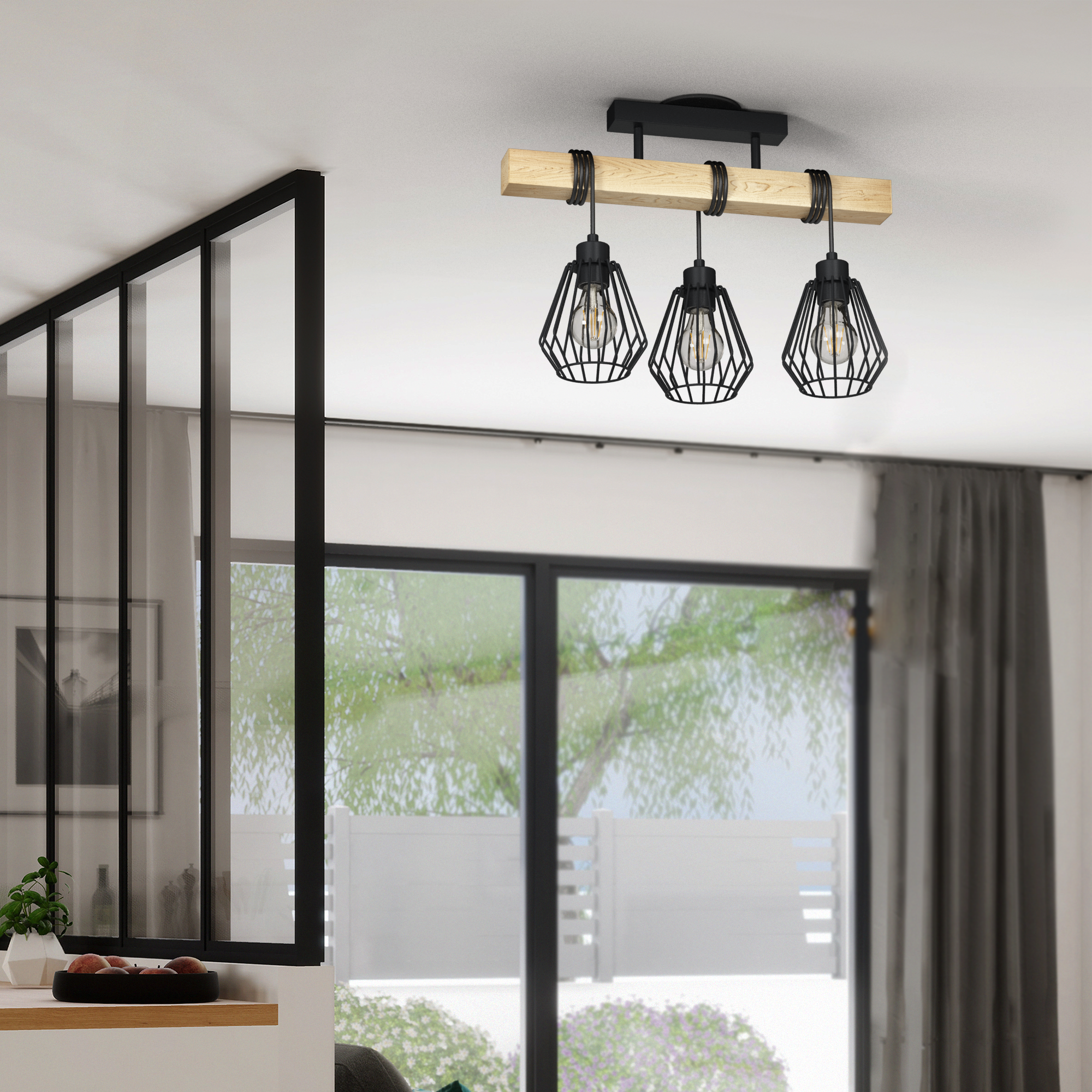 Candeeiro de teto TABODI 3L E27 METAL PRETO/MADEIRA NATURAL - 18