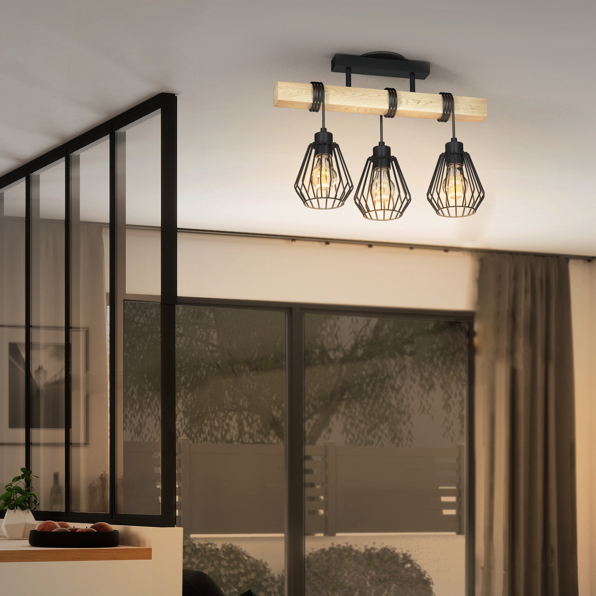 Candeeiro de teto TABODI 3L E27 METAL PRETO/MADEIRA NATURAL - 17