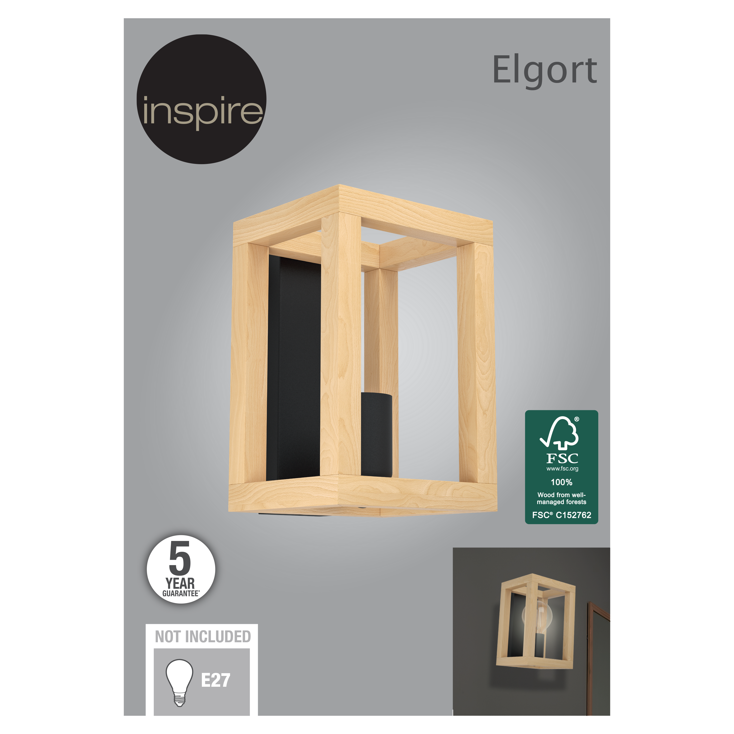 Kinkiet Elgort czarny z drewnem E27 26 cm Inspire - 16