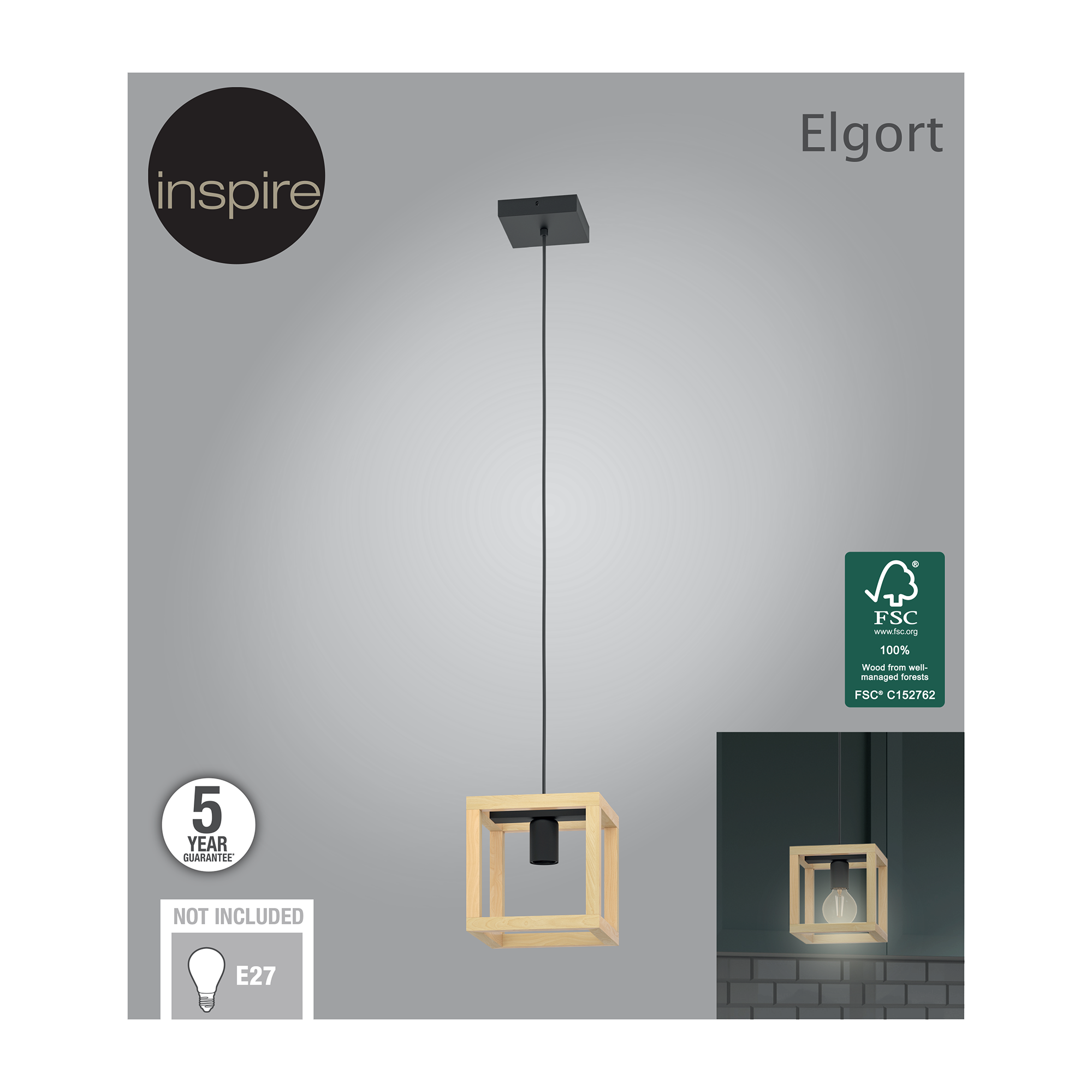 Suspension Elgort bois, marron, Diam.20 cm INSPIRE, E27 - 13