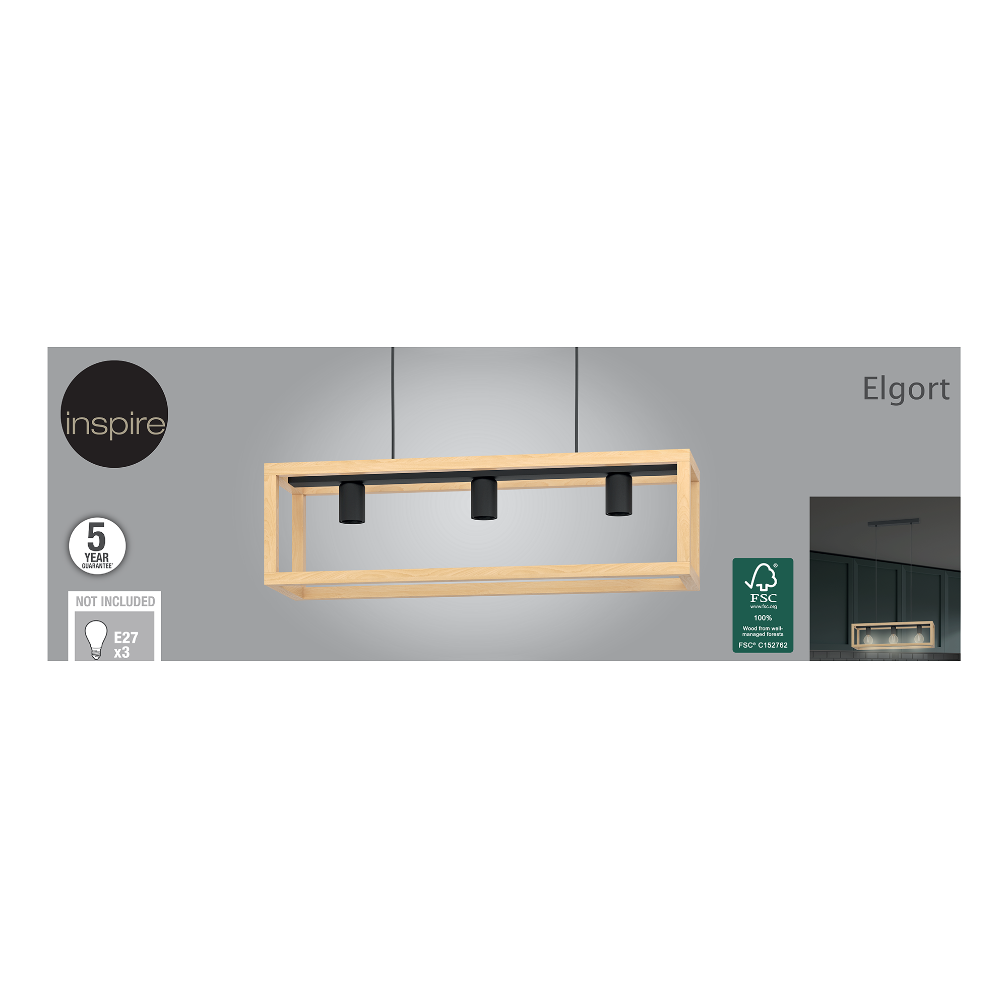 Candeeiro de teto suspenso INSPIRE ELGORT E27 3 LUZES METAL/MADEIRA PRETO - 18