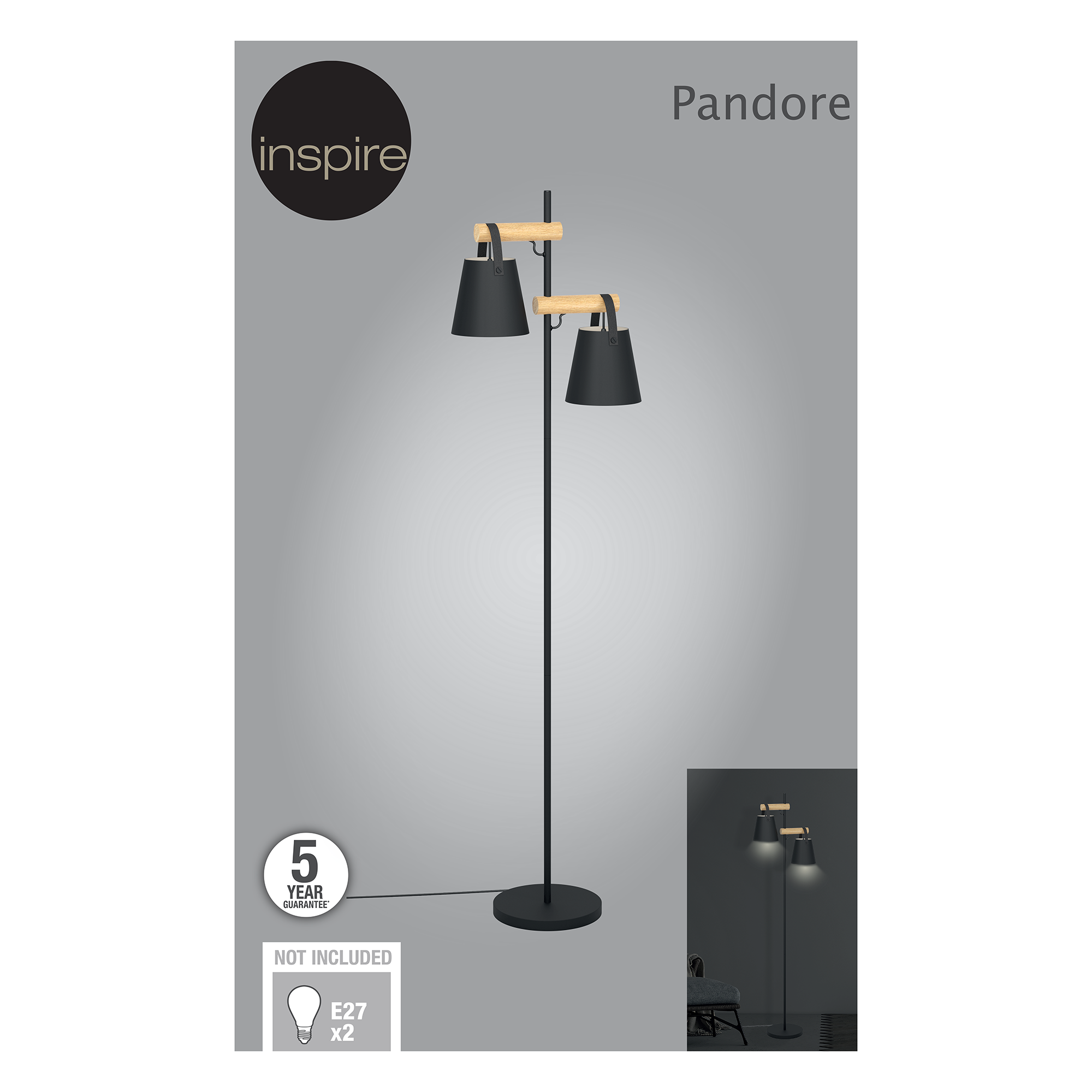 Lampadaire Pandore, acier, noir,  H.165 cm INSPIRE, E27 - 14