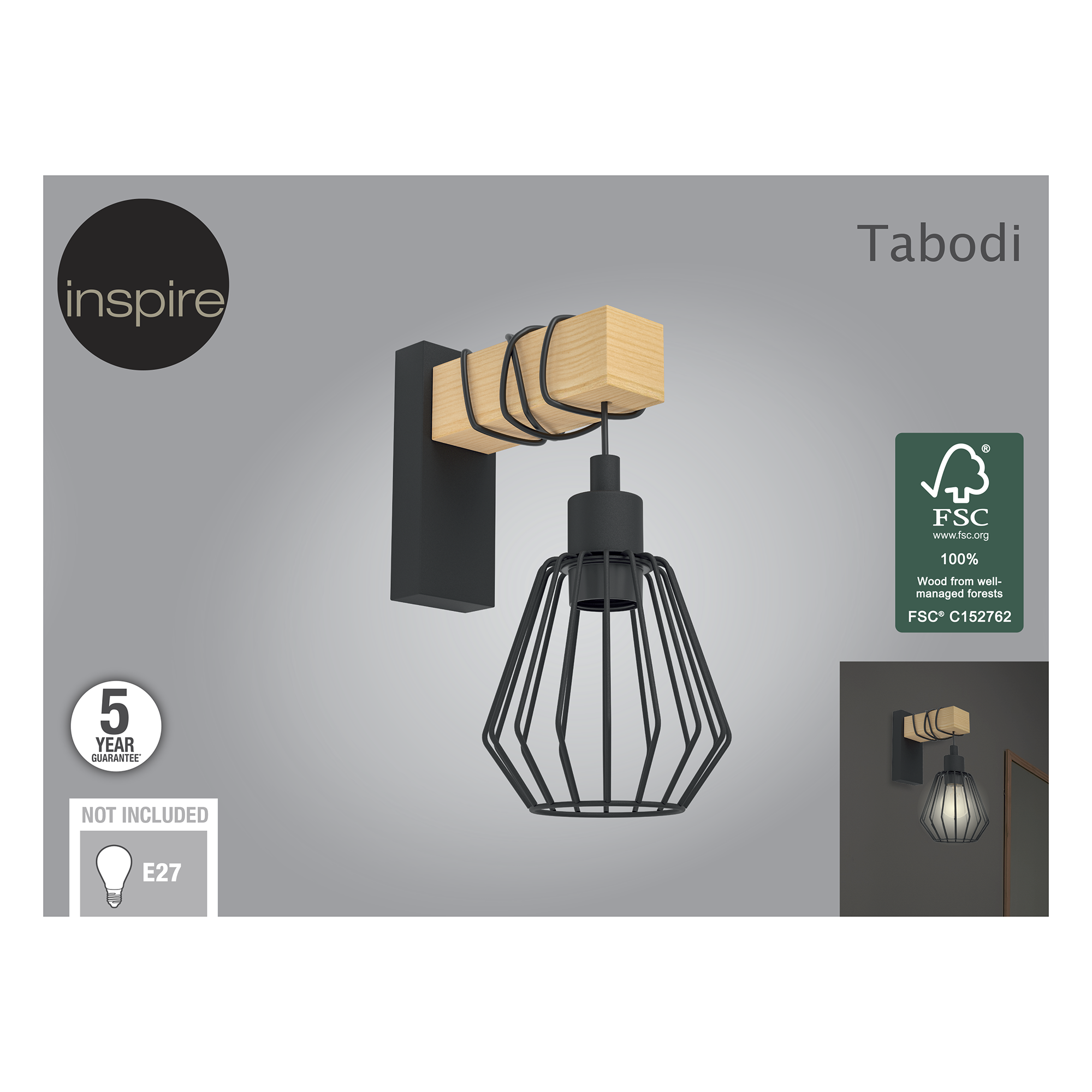 Candeeiro de parede INSPIRE TABODI E27 1 LUZ METAL/MADEIRA PRETO - 14