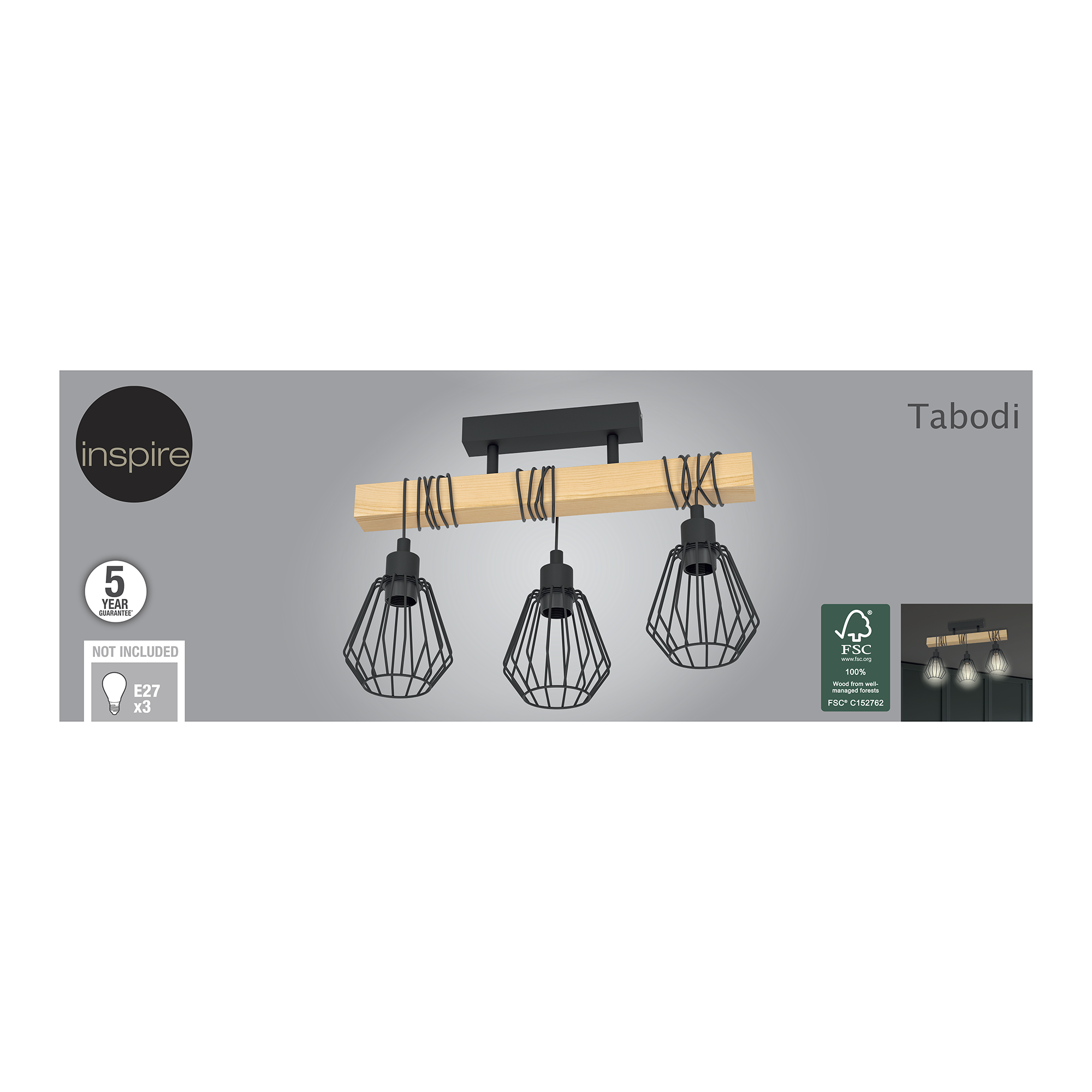 Candeeiro de teto TABODI 3L E27 METAL PRETO/MADEIRA NATURAL - 11