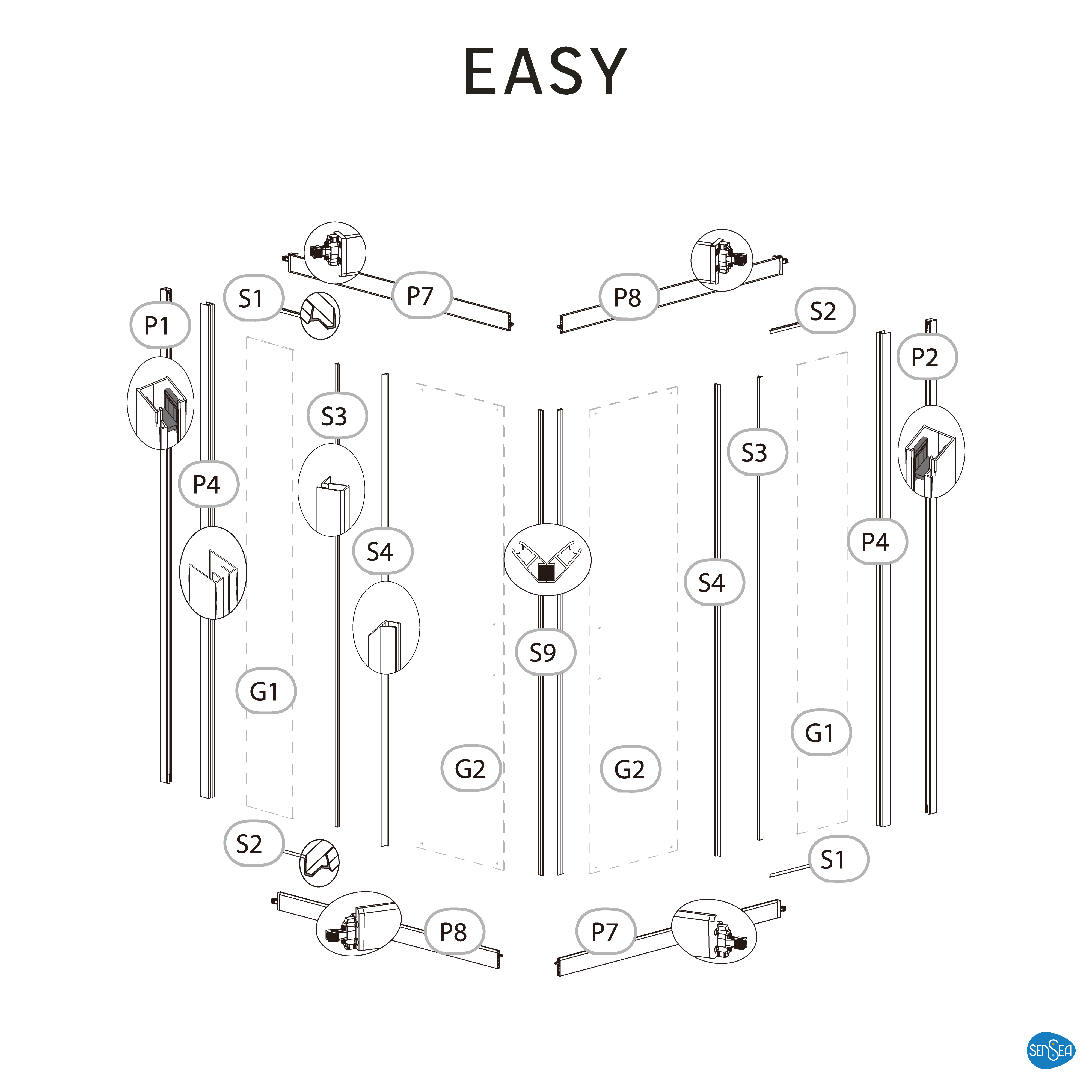 Szkło kabiny kwadratowej transparentne Easy 90 x 90 x 190 Sensea - 17