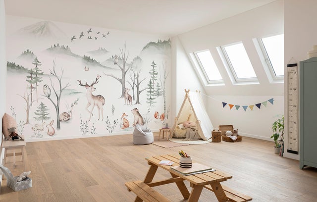 Papier peint panoramique animaux en forêt blanc l.350 x H.250 cm