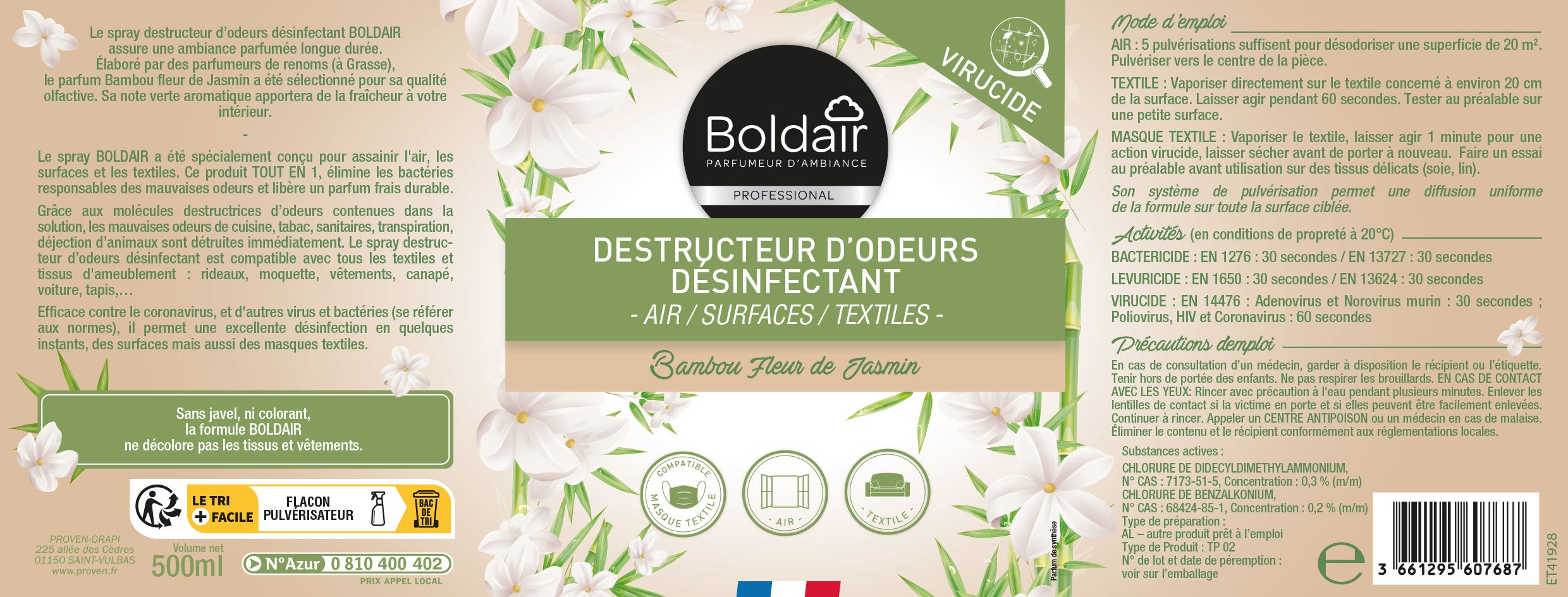 Destructeur d'odeur liquide BOLDAIR Spray désinfectant jasmin 0.5L - 2