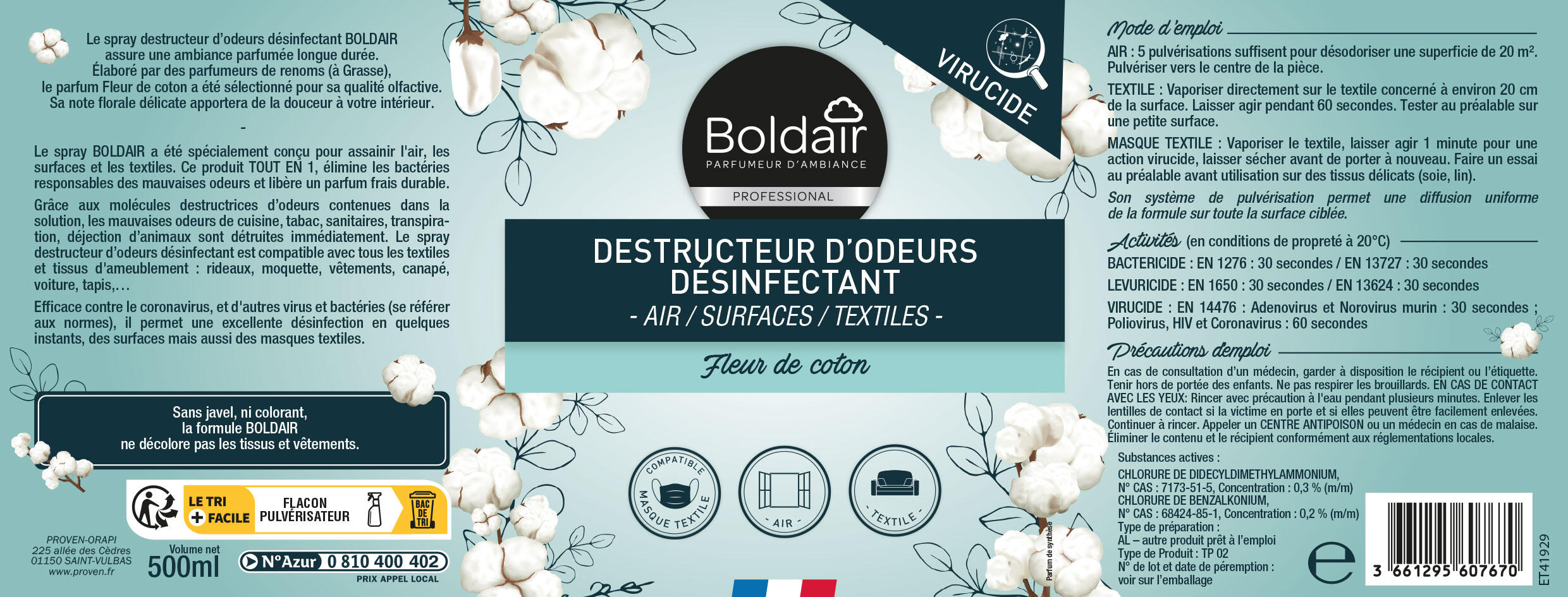 Destructeur d'odeur liquide BOLDAIR Spay désinfectant fleur de coton 0.5L - 2