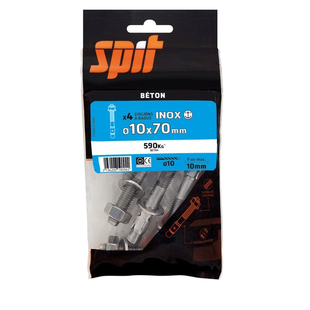 Lot de 4 goujons à bague INOX Fix Z SPIT, Ø10 x l.70 mm