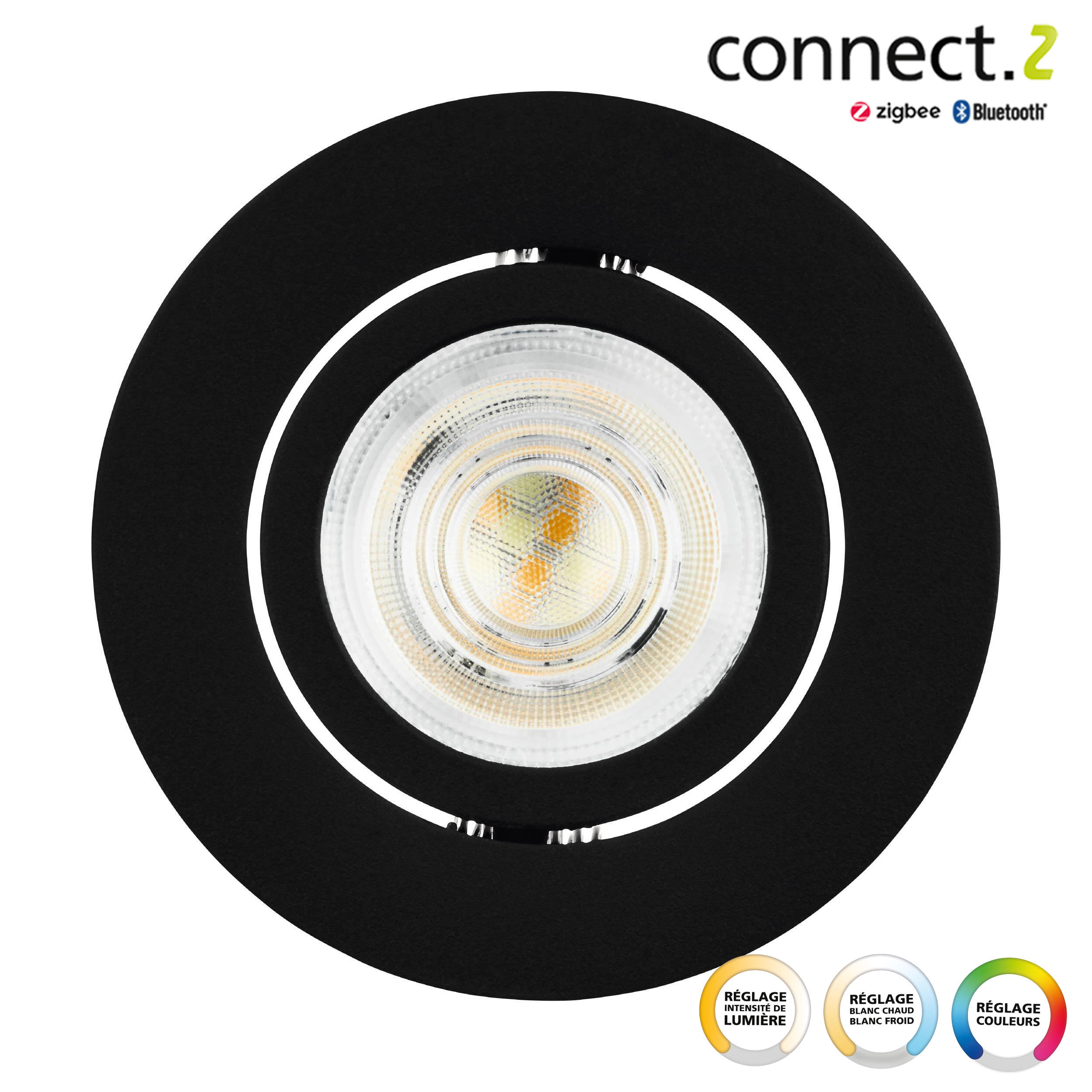 Kit 1 spot encastré connecté Zigbee bluetooth Saliceto blanc/couleurs, rond noir - 6