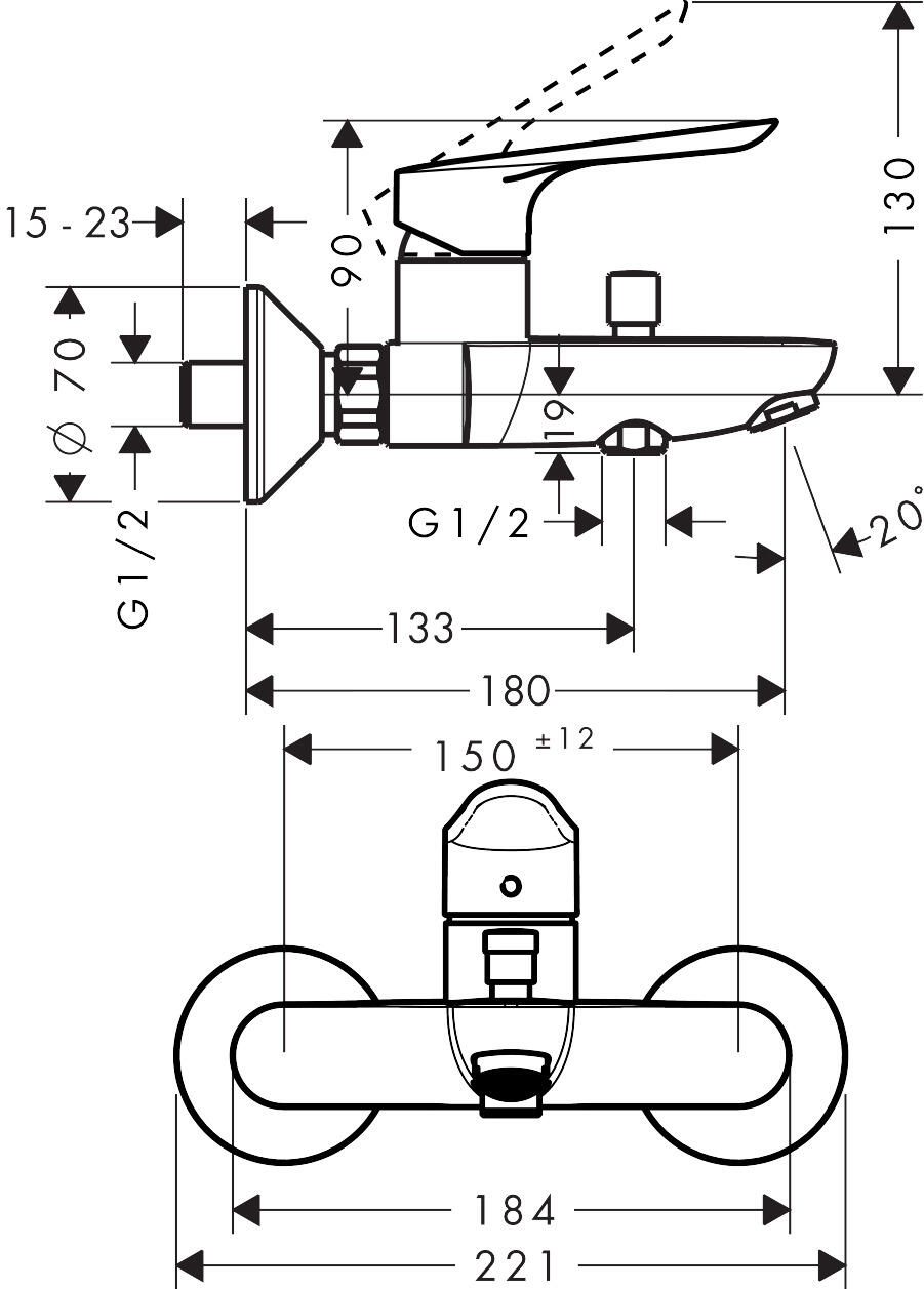 Mitigeur mécanique de baignoire chromé, HANSGROHE Logis e - 2