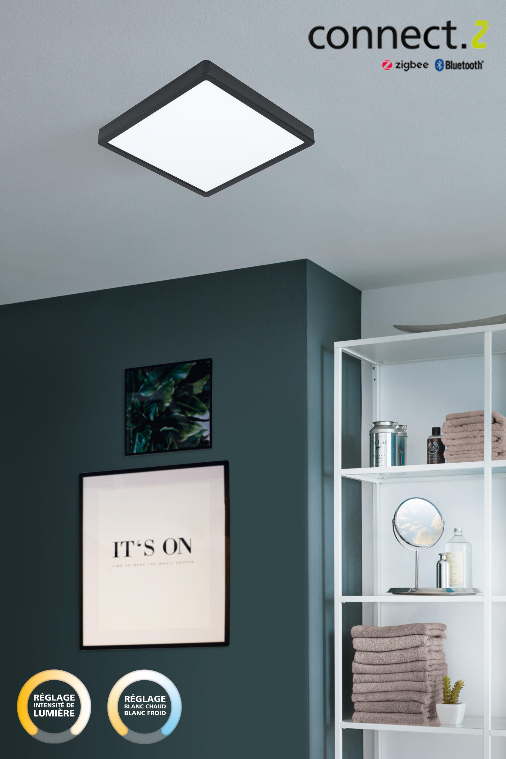 Plafonnier connecté, design aluminium noir IP44 module led 2500lm EGLO FUEVA - 3