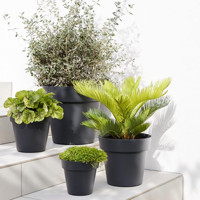 Lot De 2 Pots De Fleurs En Plastique Rond - Cache-pot Moderne Sans Trous (18 Cm, Noir) - Pour Intérieur, Herbes, Petites Plantes