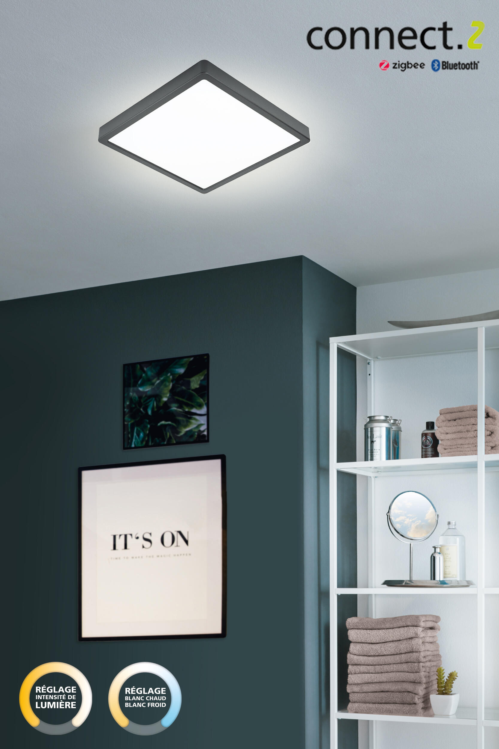 Plafonnier connecté, design aluminium noir IP44 module led 2500lm EGLO FUEVA - 2