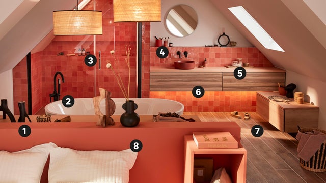 Photo Leroy Merlin d'une chambre parentale avec salle de bains aux couleurs chaleureuses. 