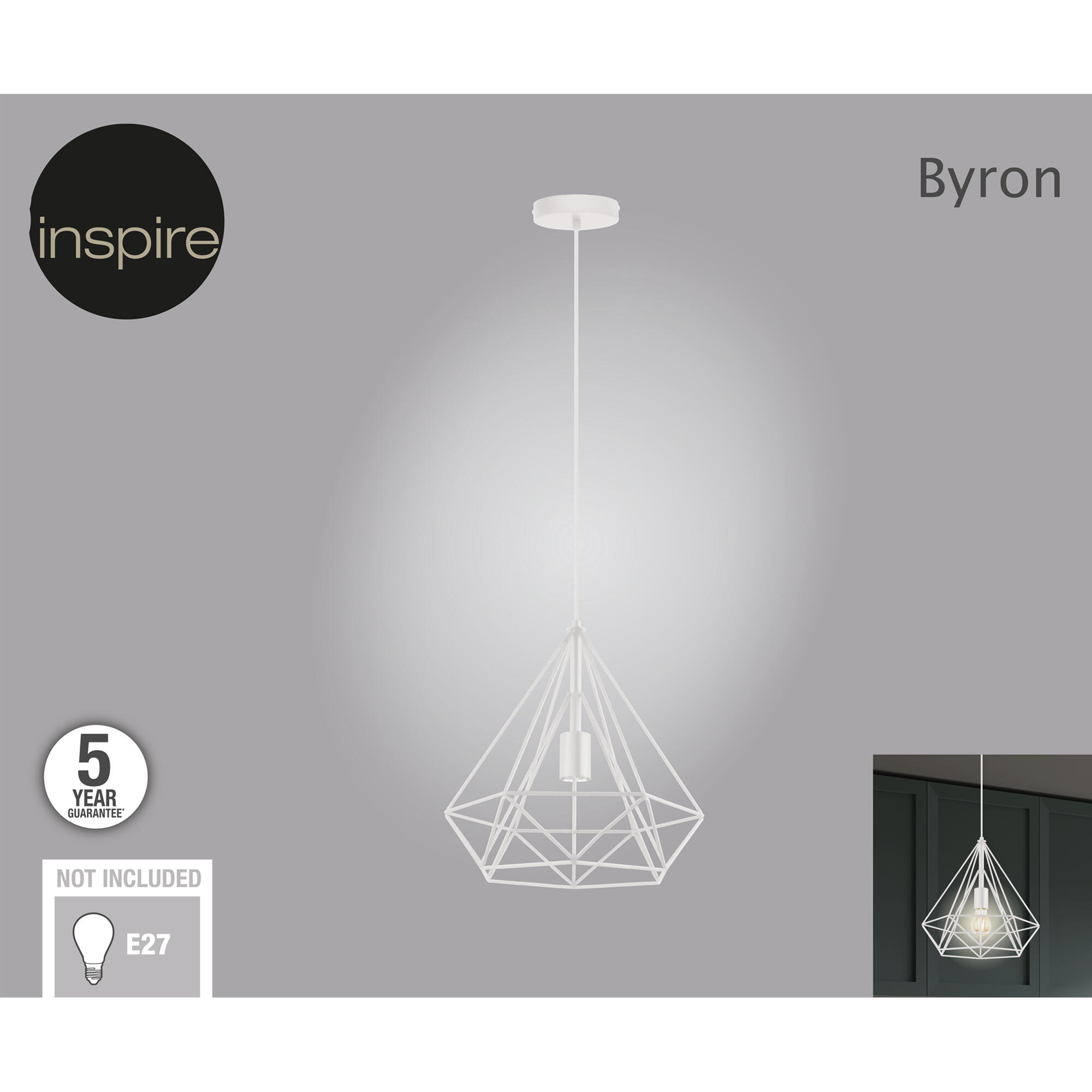 Candeeiro de teto suspenso BYRON d37cm metal branco mate 1 luz Inspire - 9