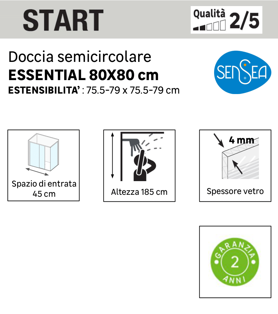Box doccia angolare con porta scorrevole, vetro 4 mm, L 77.5-79 cm x L 77.5-79 cm, H 185 cm, cromo Essential - 12