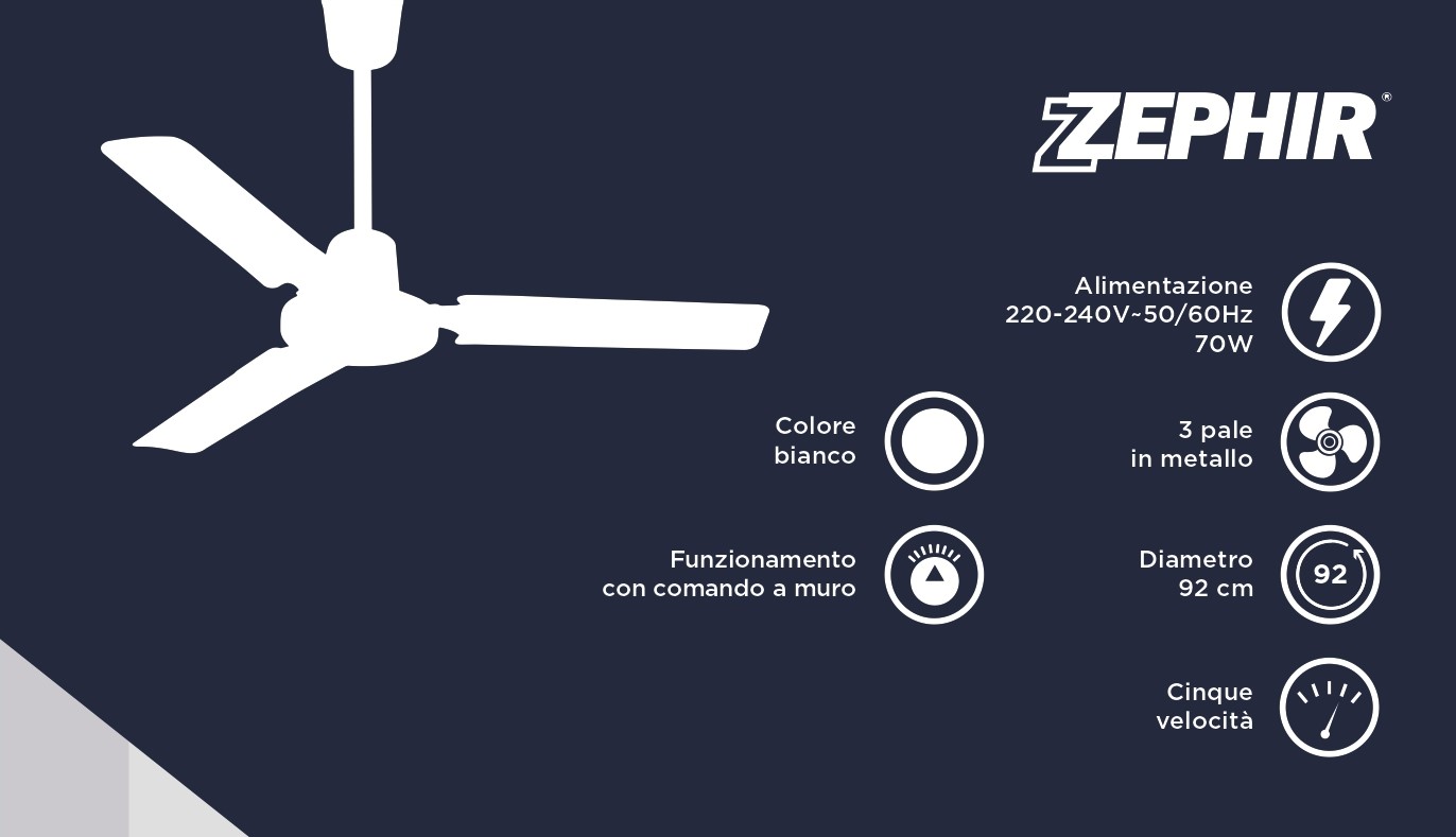 Zephir Ventilatore Da Soffitto - 3 Pale In Metallo, Bianco, Diametro 121 Cm, Comando A Muro - Foto 9