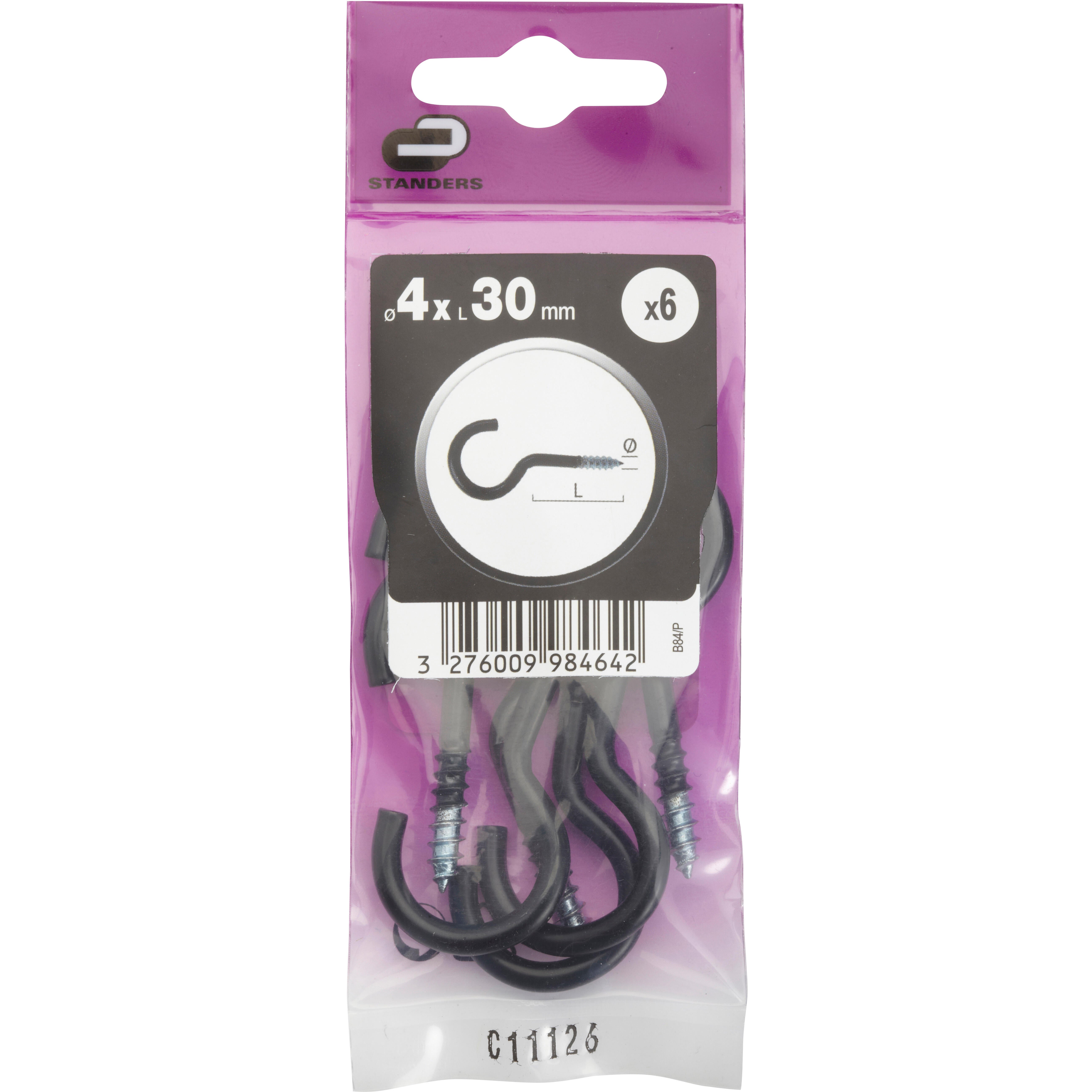Lot de 6 crochets à visser acier epoxy noir, Diam.4 x L.30 mm, STANDERS - 5