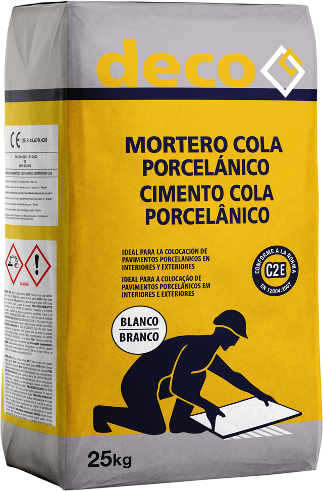 Mortero cola porcelánico DECO C2E blanco 25kg. Para suelo interior y exterior