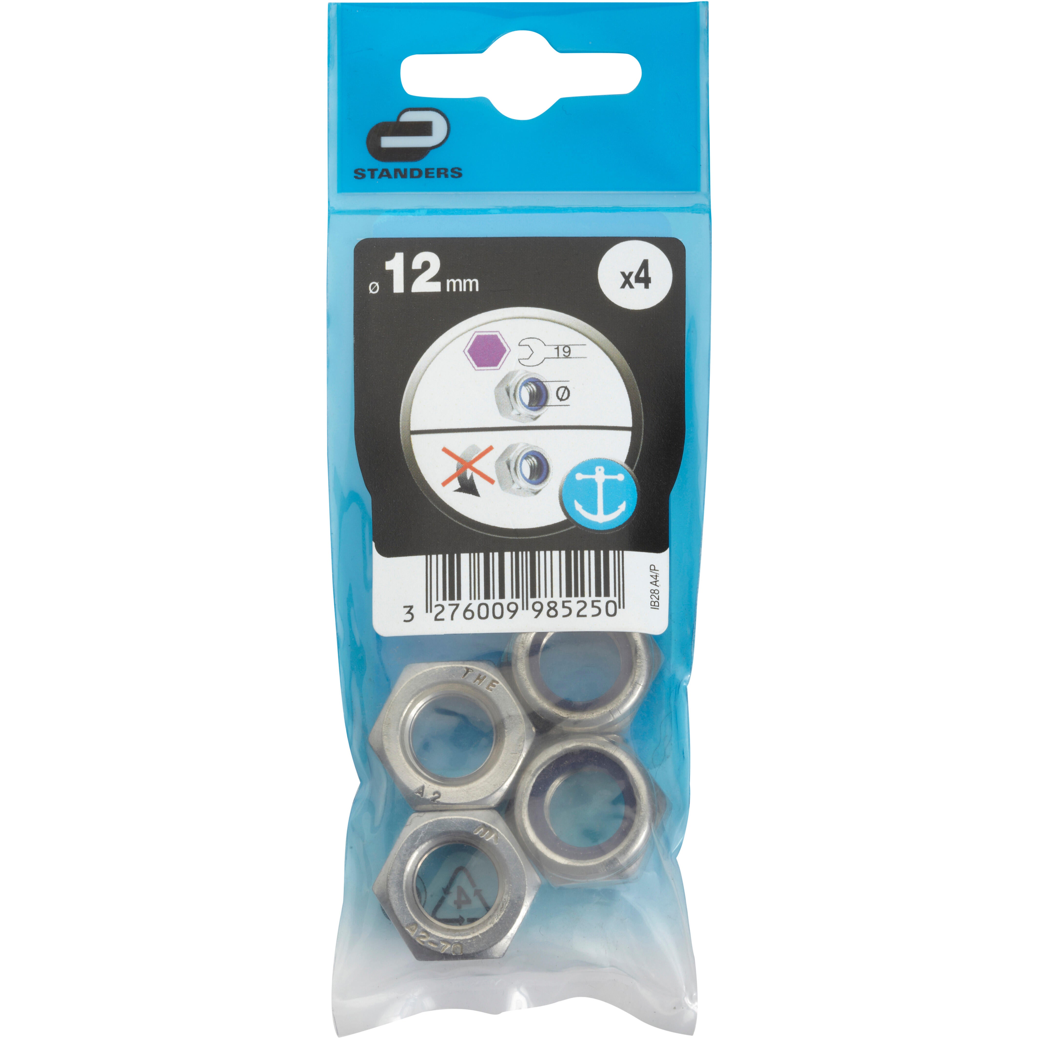 Lot de 4 ecrous indesserrable inox, Diam.12 mm STANDERS - 4