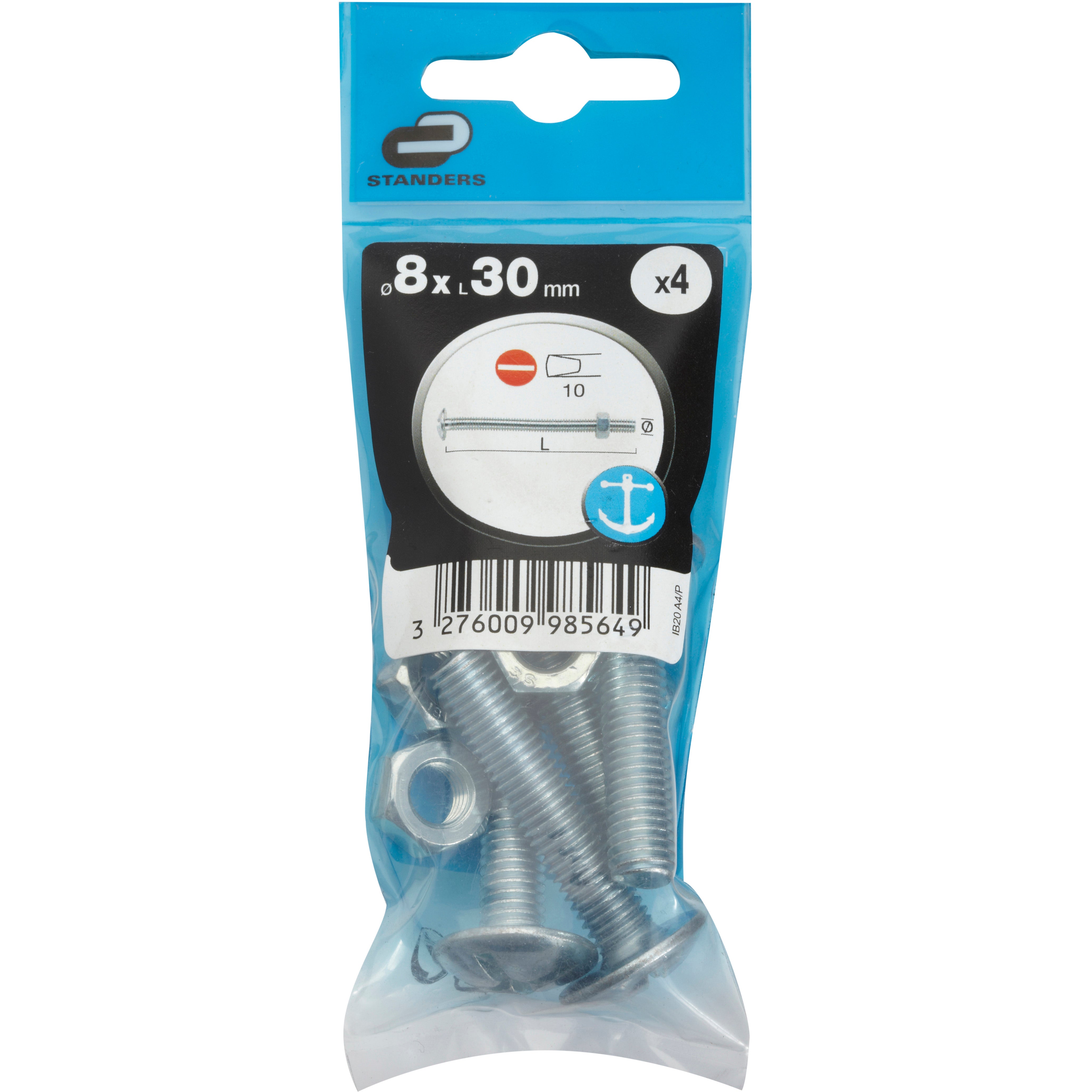 4 boulons poêlier inox A4 STANDERS, Ø8 x L.30 mm - 4