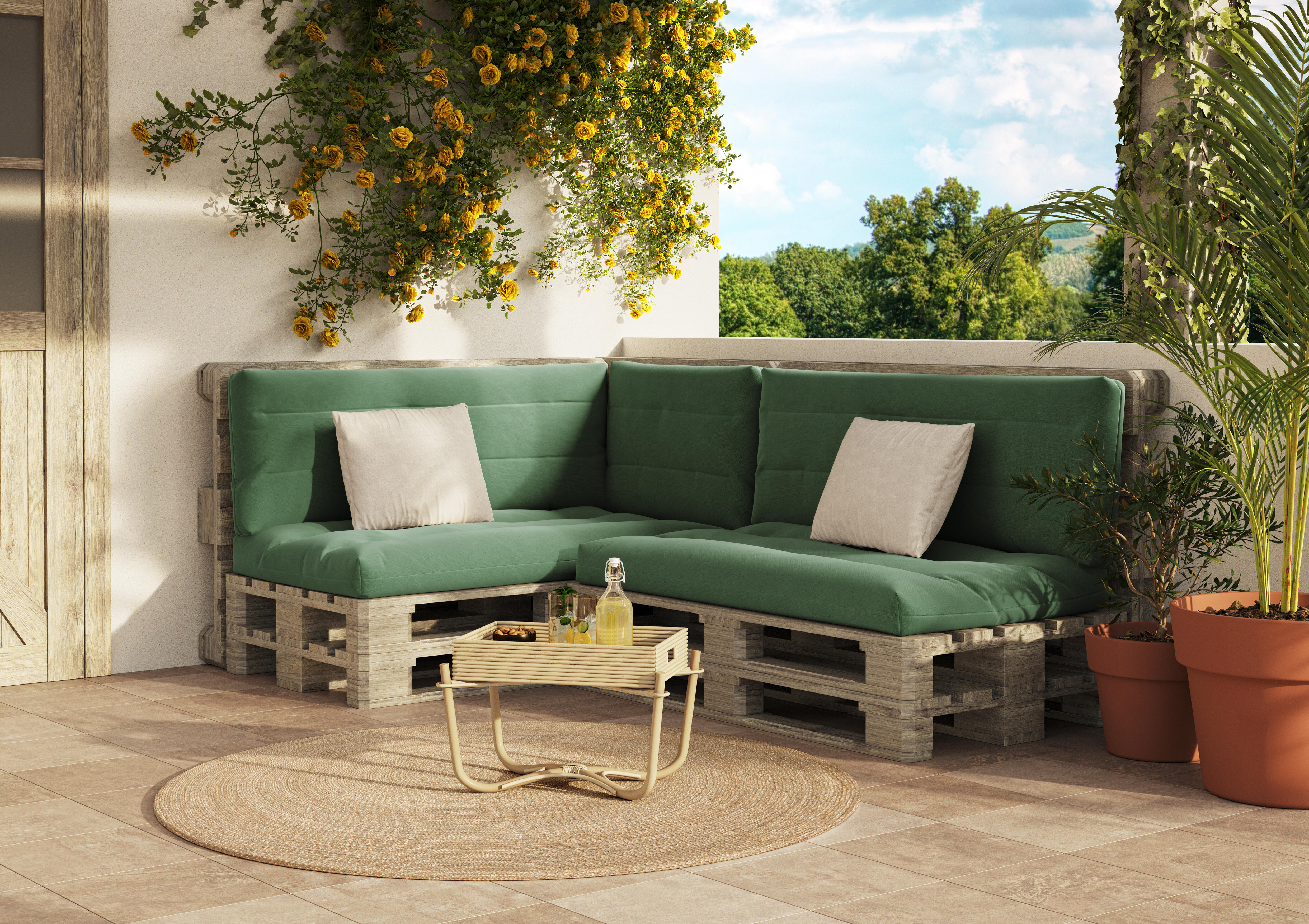 Set de cojines de exterior para palet liso verde 120x80 cm
