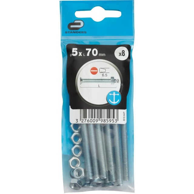 8 boulons acier tête fraisée / tête plate plat STANDERS x L.70 mm