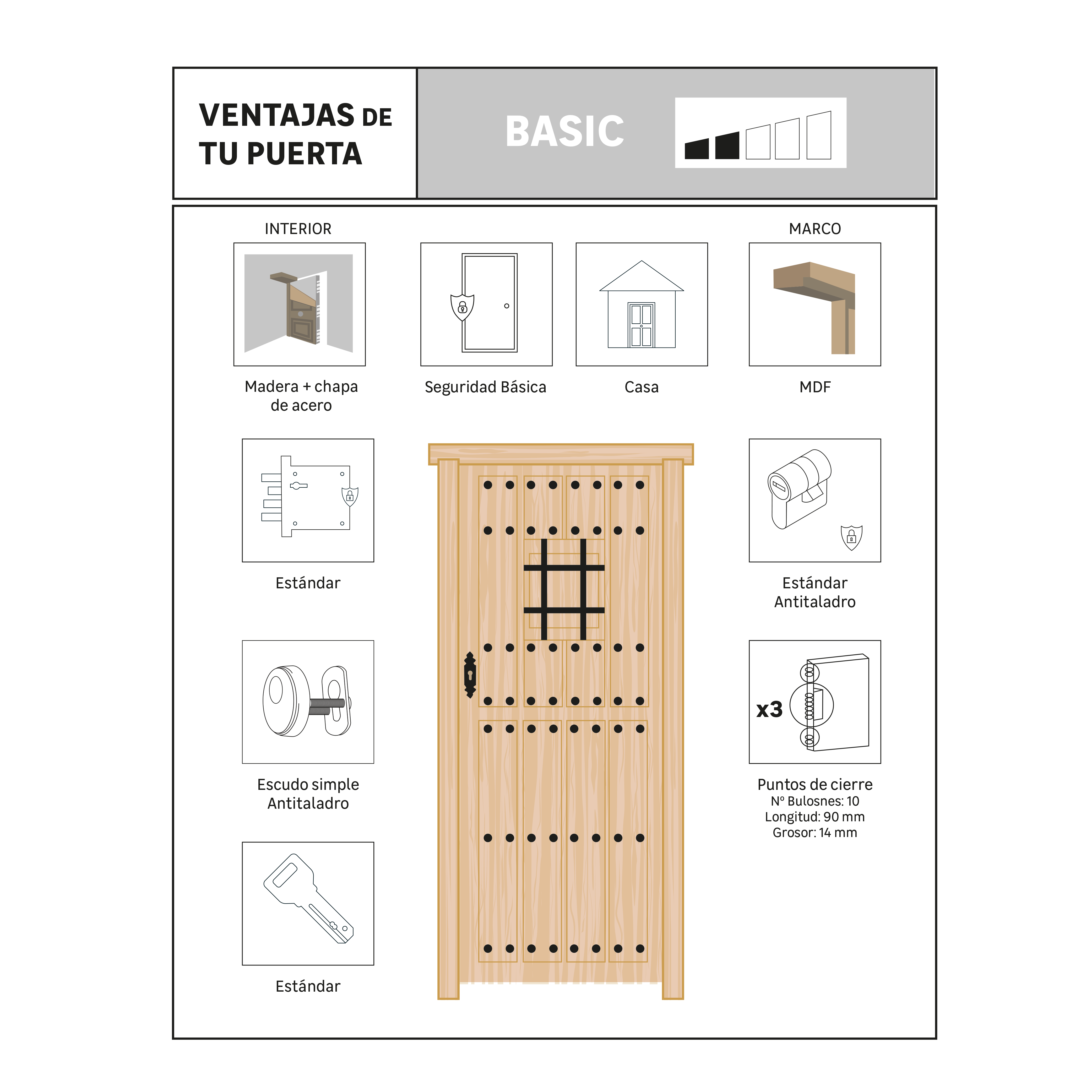 Puerta de entrada madera pino partida con reja diseño rústico color pino apertura derecha 210x95cm - 14